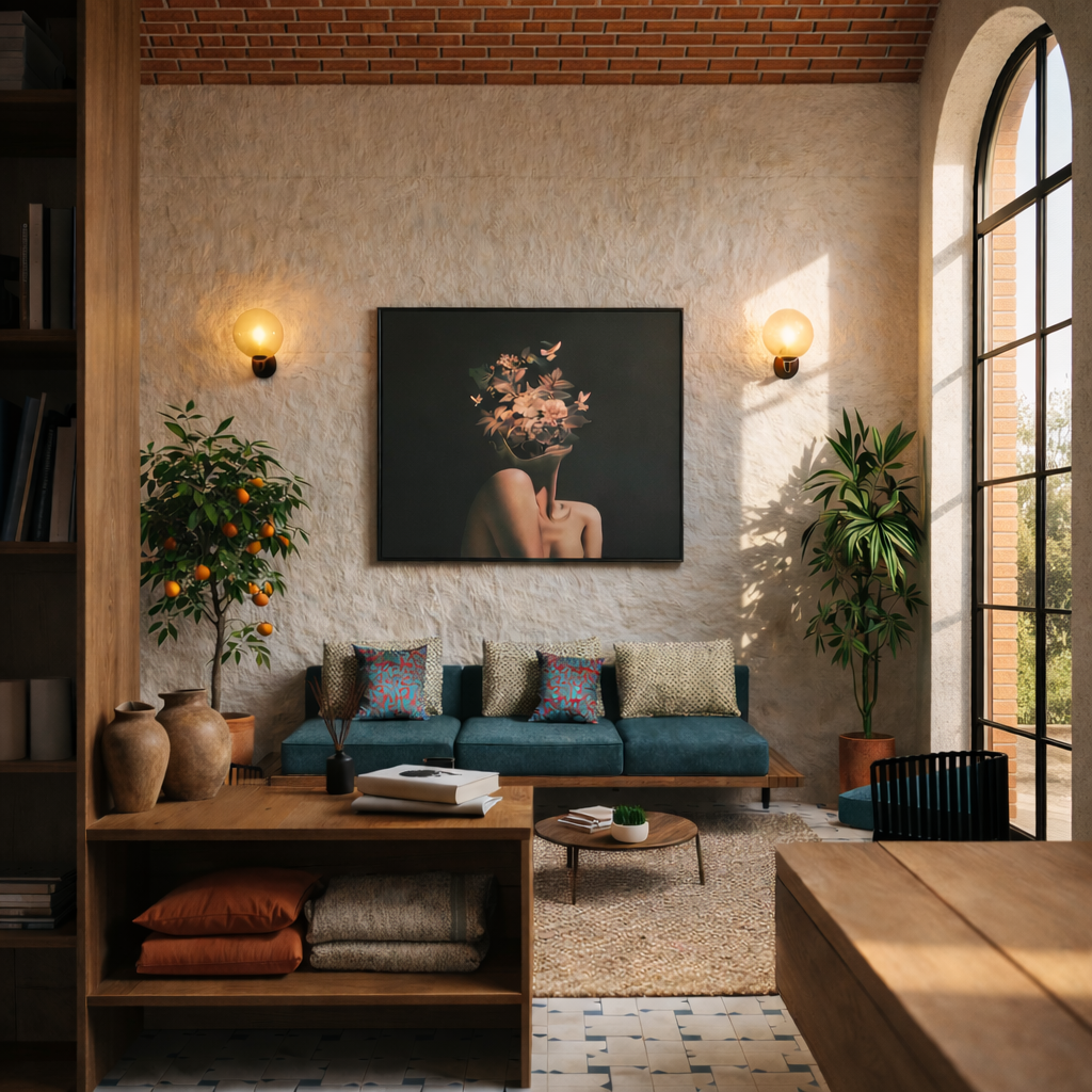 Sala de estar con pared de piedra, sillón azul, cojines decorativos, cuadros, plantas y ventanas grandes con vista exterior.