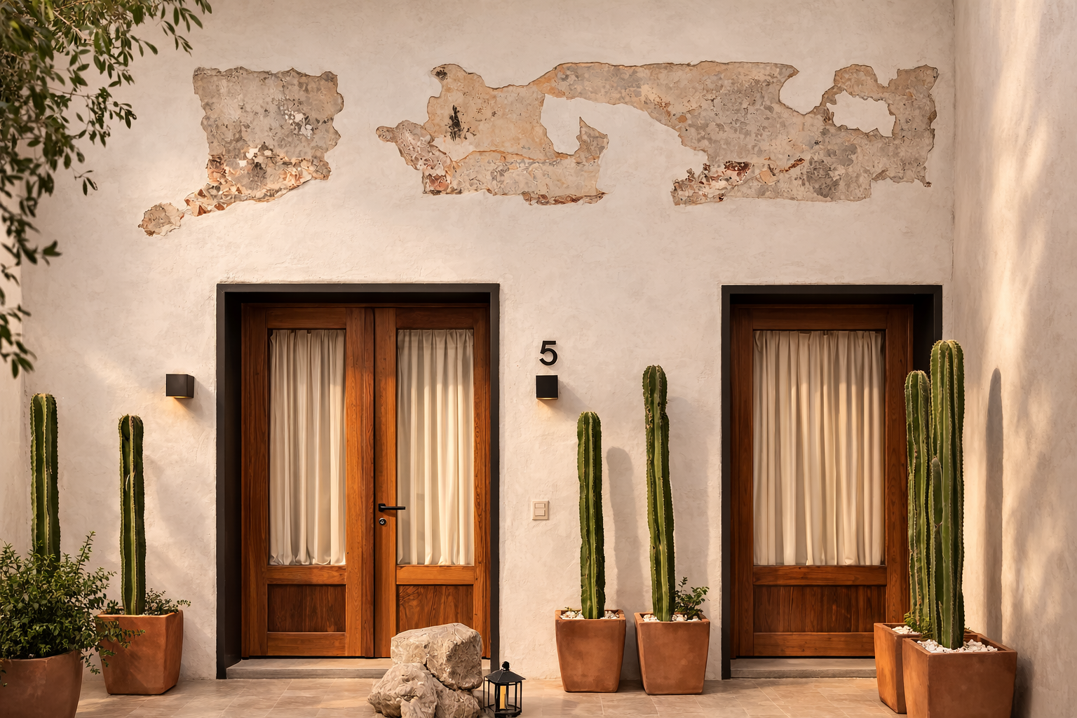 Dos puertas de madera con cortinas blancas, rodeadas de cactus en macetas de tierra, en un muro desgastado con pintura descascarada.