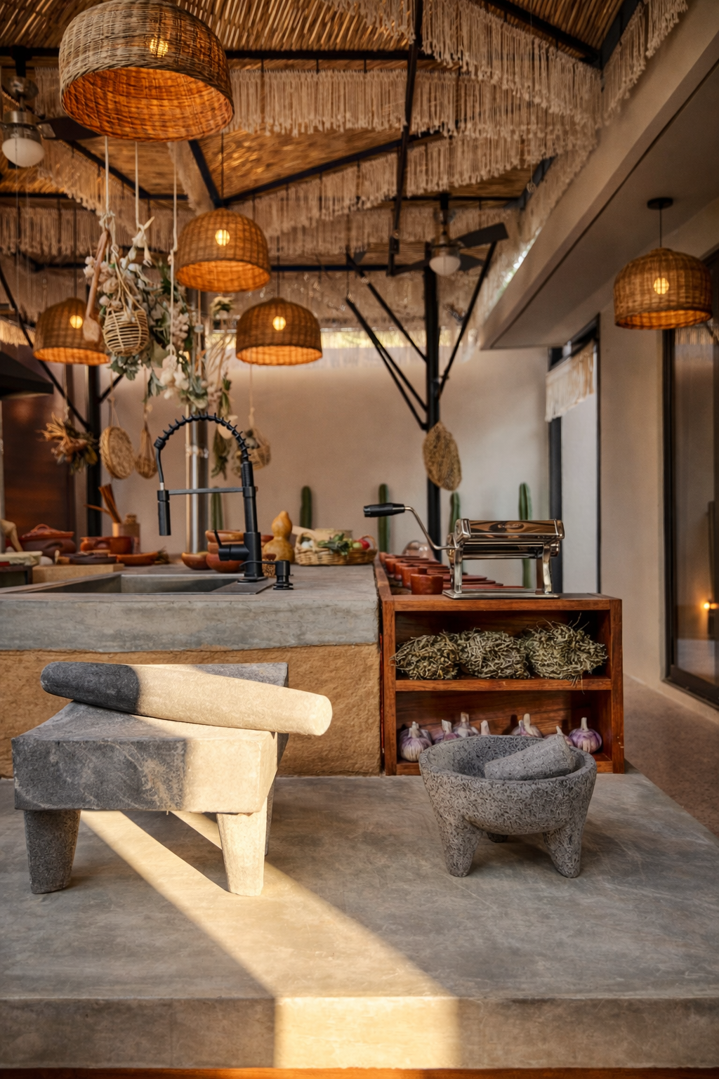 Interior de una cocina moderna con decoraciones rústicas, lámparas de mimbre colgantes, un fregadero de cemento, y estantes con ingredientes como ajo y hierbas aromáticas.