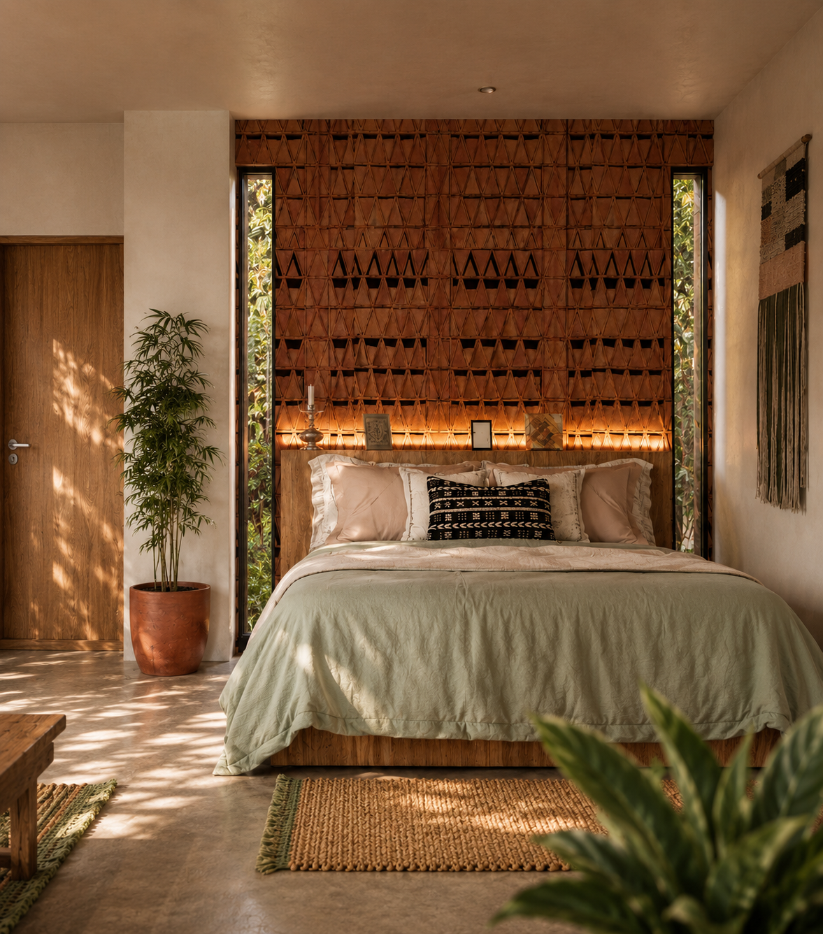 Habitación con cama grande y cabecera de madera, plantas, cortinas de madera y decoración moderna en tonos neutros.