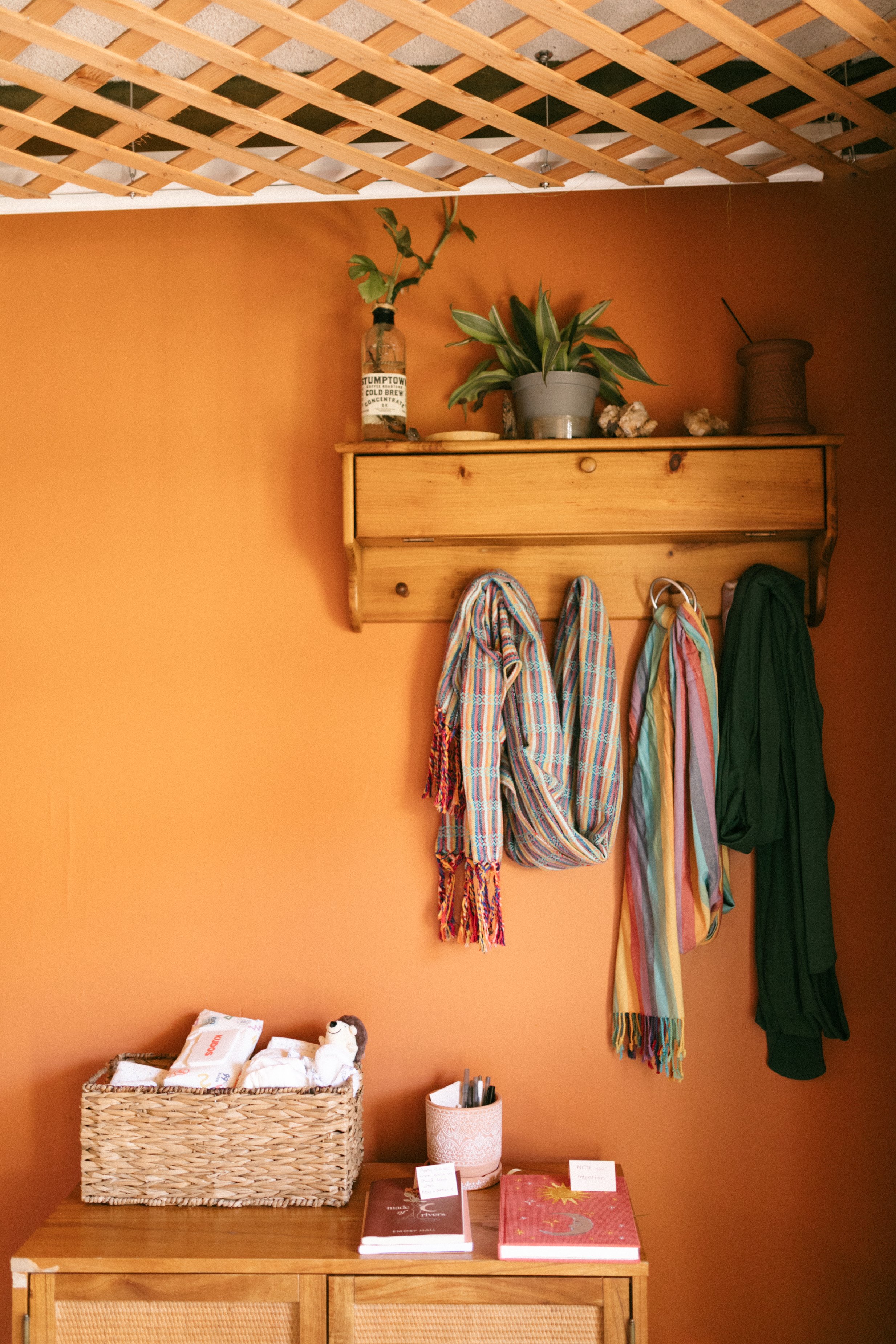 A wooden shelf with plants and decor on a burnt orange wall, with colorful towels hanging below. A table below has a woven basket with baby supplies, a tissue box, and books.