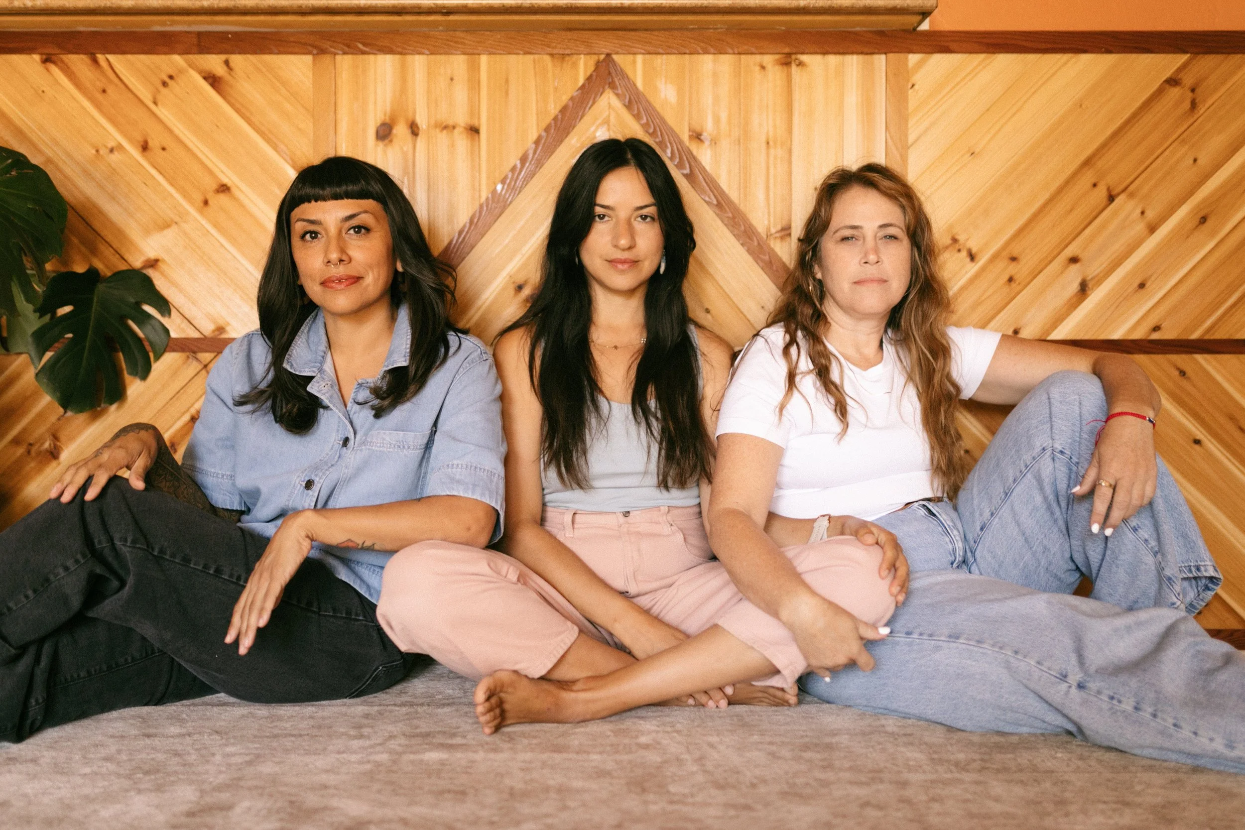 Three women sitting on the floor with a wooden wall in the background, a large green plant to the side, and a carpeted floor.