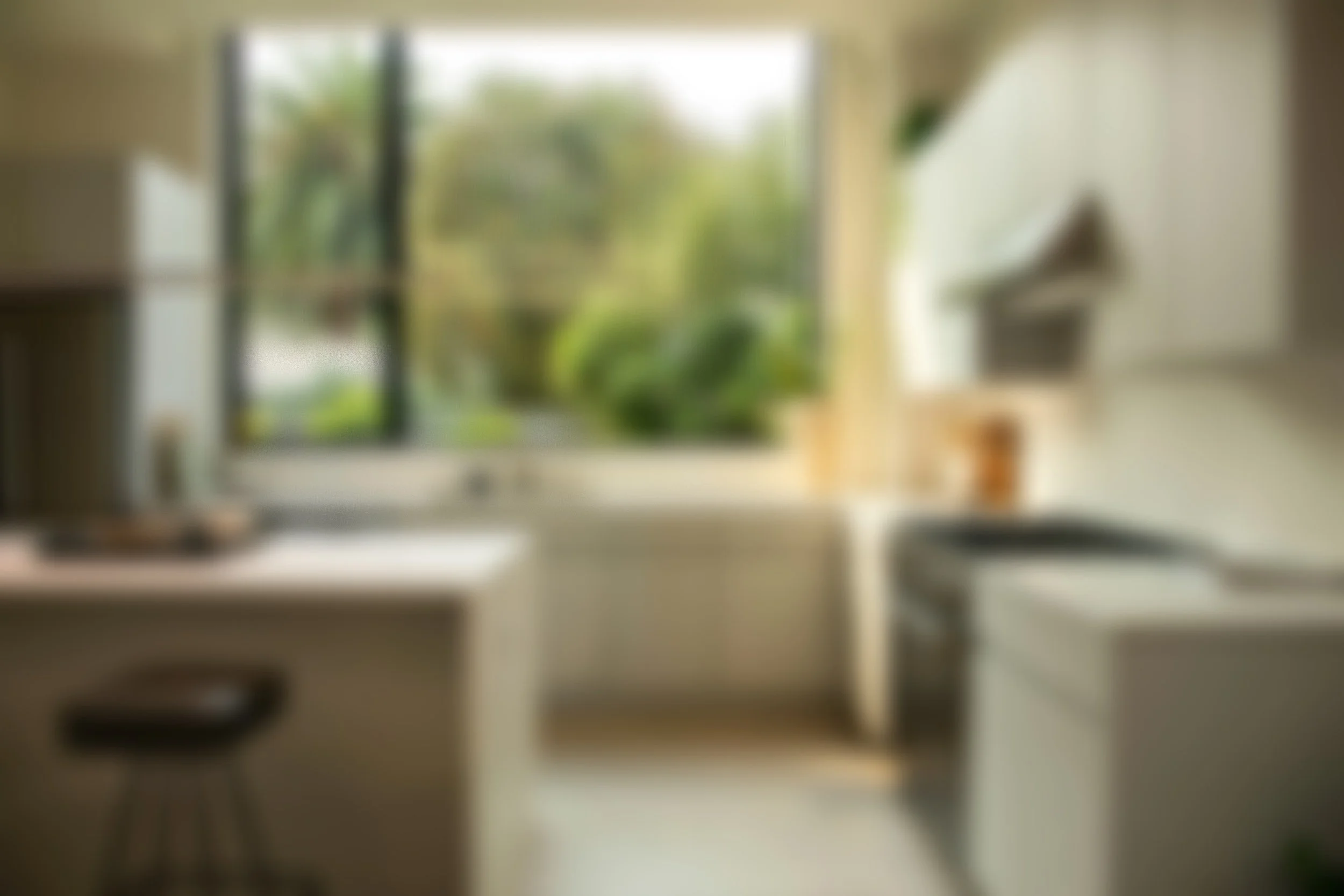Blurry image of a room with a large window showing green plants outside; furniture and other objects in the room are indistinct.