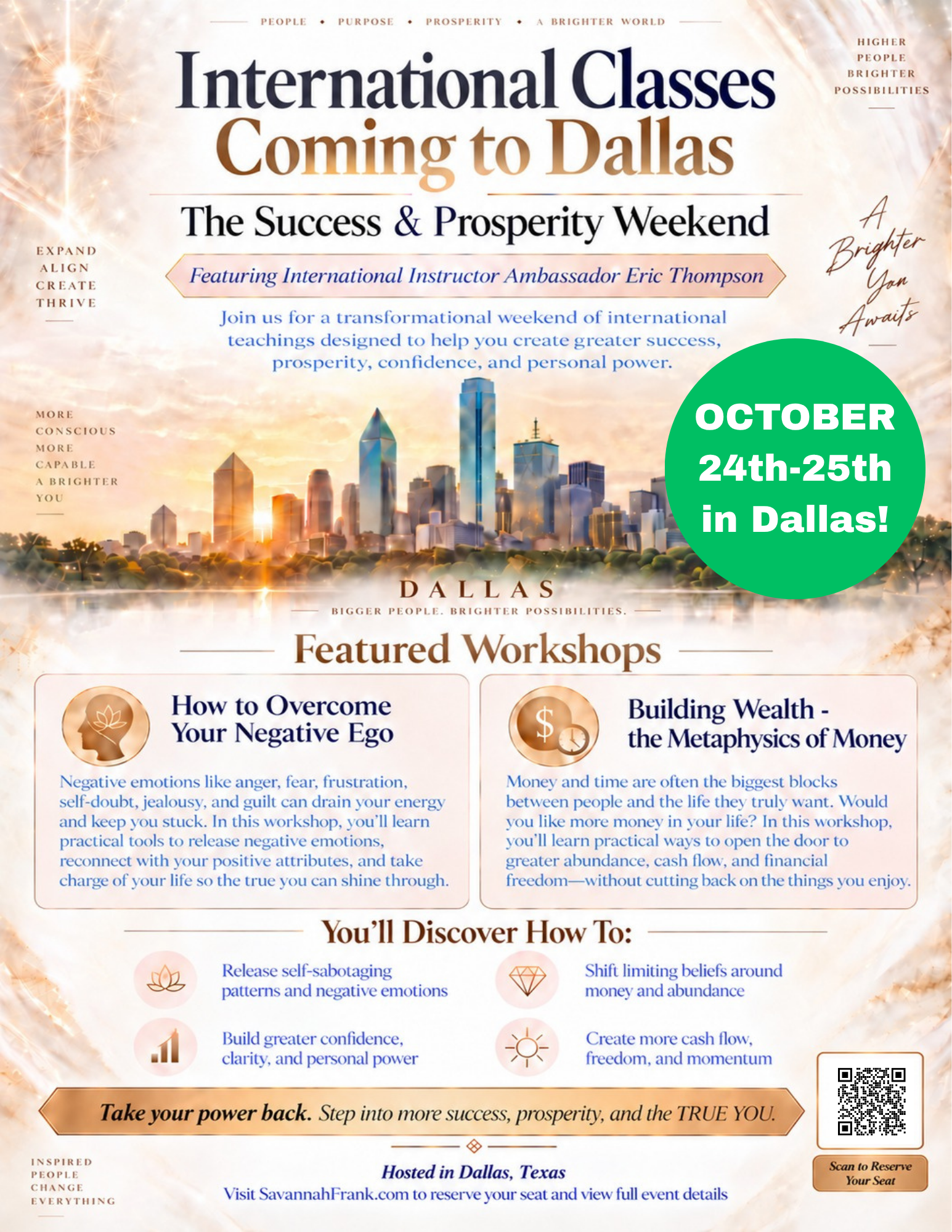 An advertisement for an international classes event coming to Dallas on October 24th-25th, featuring workshops on personal growth topics, with a Dallas city skyline background, and a green circle highlighting the event dates.