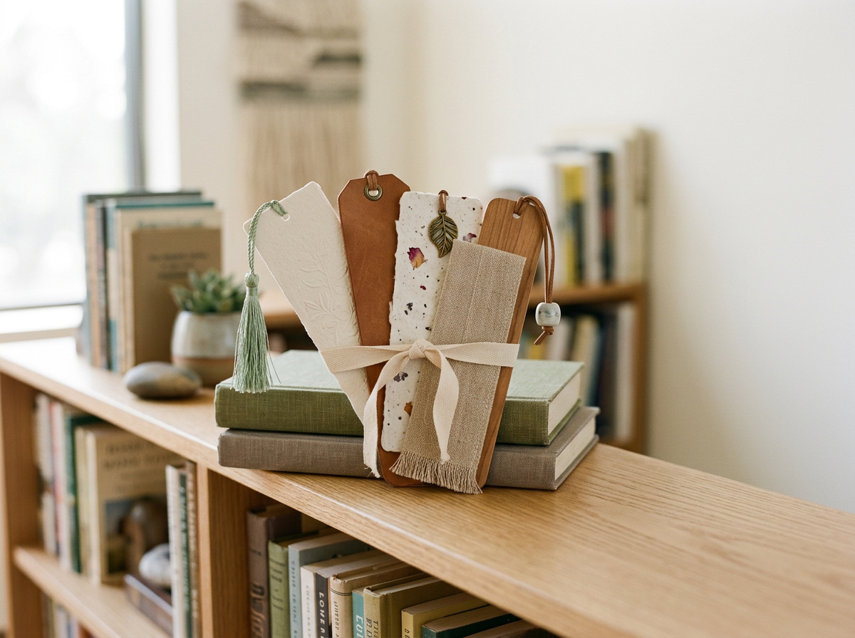 Decorative sample swatches and textile pieces on a table with books and a plant nearby.