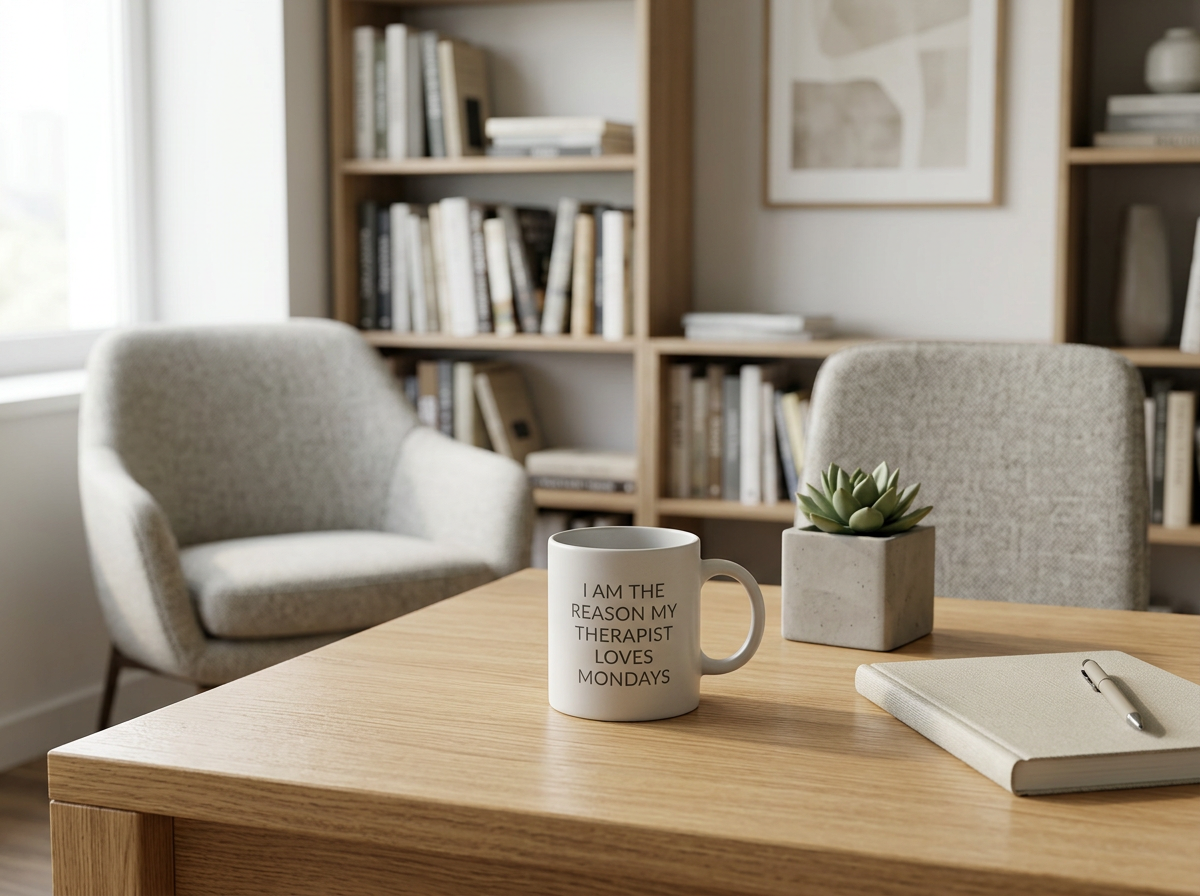 A wooden table with a white mug that reads 'I am the reason my therapist loves Mondays', a small potted succulent, a closed notebook, and a pen. In the background, there are two gray armchairs and a bookcase filled with books in a well-lit room.