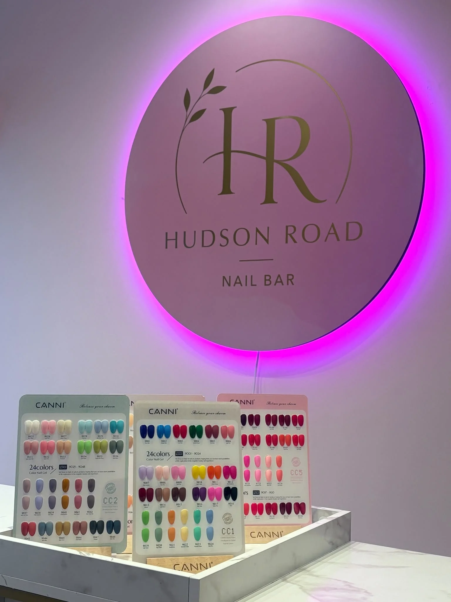 Display of colorful nail polish color samples at Hudson Road Nail Bar with a pink and purple illuminated logo in the background.