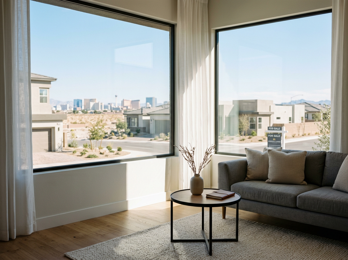 Living room with large windows showing a suburban neighborhood with houses and a distant city skyline, gray sofa with pillows, round black coffee table with a vase and a book, light-colored curtains, and wooden flooring.