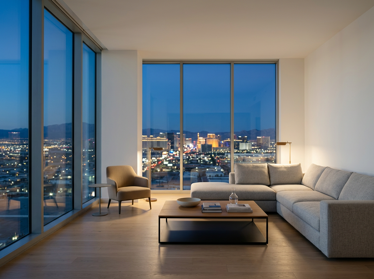 Modern living room with large floor-to-ceiling windows showcasing city lights at night, beige sectional sofa, armchair, and wooden coffee table with decor.