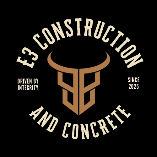 Logo for E3 Construction and Concrete featuring a stylized bull's head, with the text "E3 Construction and Concrete," "Driven by Integrity," and "Since 2025" on a black background.