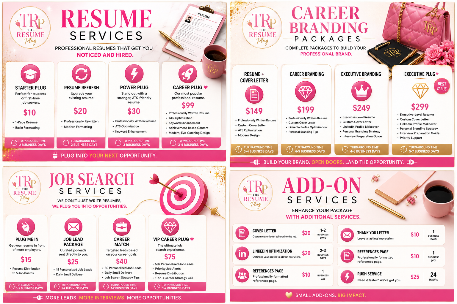 A colorful infographic displaying various resume, career branding, job search, and add-on services offered by a resume company. It includes sections for resume services with pricing and details, career branding packages with images of handbags and flowers, job search packages with a target symbol, and add-on services with icons for cover letter, LinkedIn optimization, references page, thank you letter, and rush service.