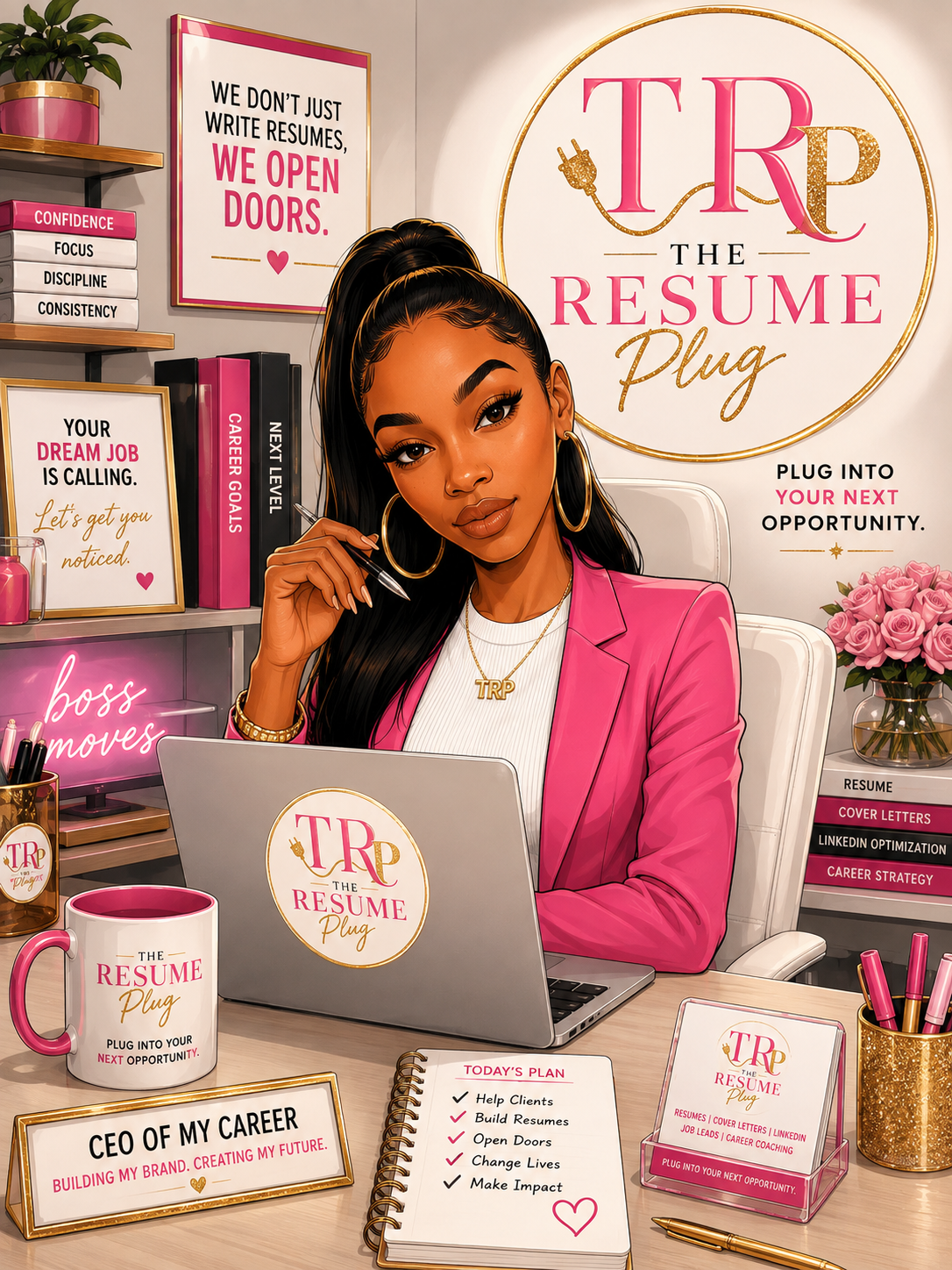 Illustration of a woman sitting at a desk in a professional setting promoting a resume service, surrounded by motivational signs and office supplies, with pink and gold decor.