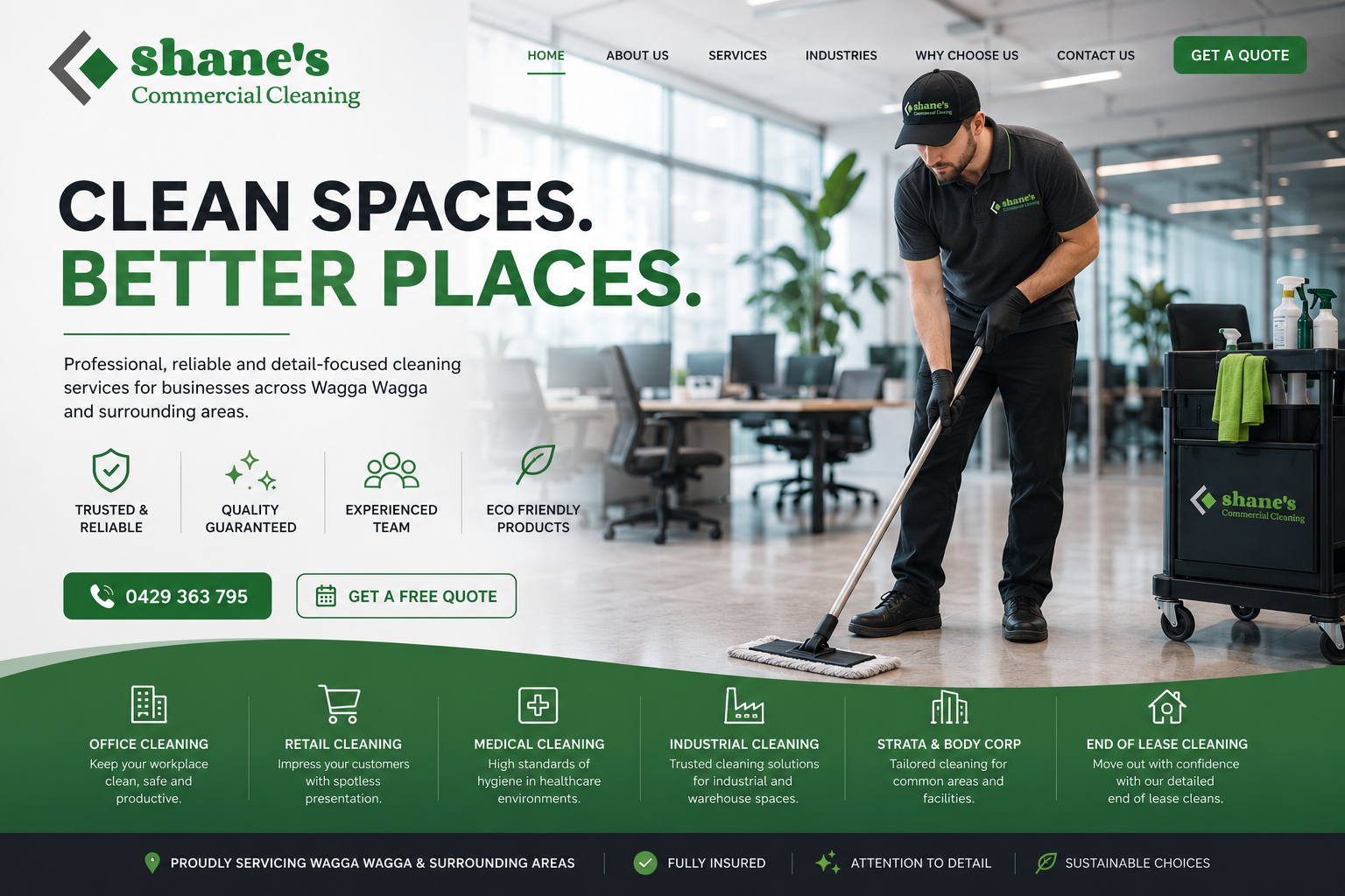 A man in black uniform and gloves mops the floor with a microfiber mop in an office cleaning setting. He wears a cap and polo shirt branded with Shane's Commercial Cleaning, with cleaning supplies nearby in a rolling cart. The office has glass walls, chairs, and desks.