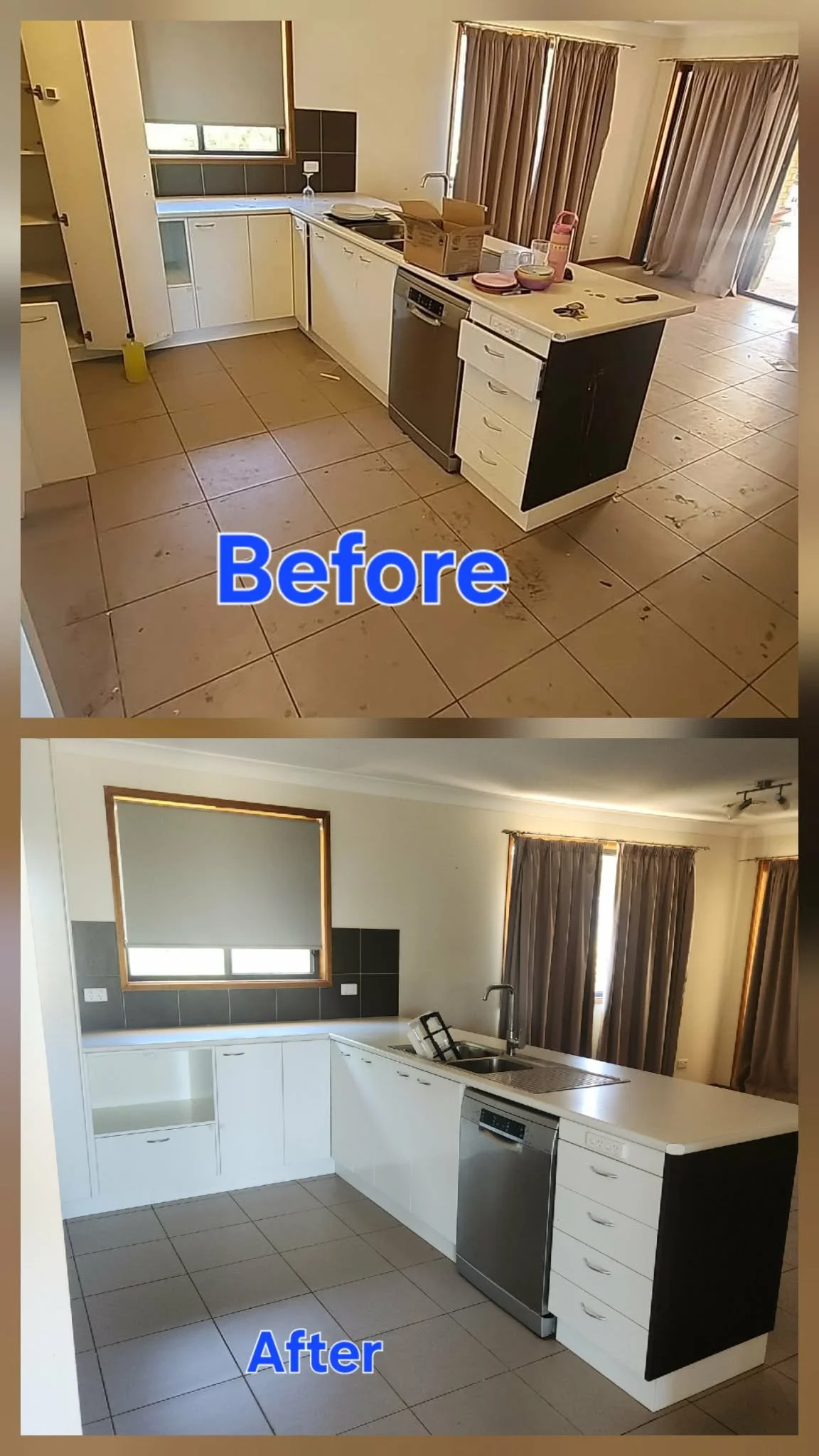 Before and after images of a kitchen renovation showing tiles on the floor and cabinetry. The before image displays dirty, stained, and cluttered surfaces, while the after image shows a clean, modern, and organized kitchen with white cabinets and a s