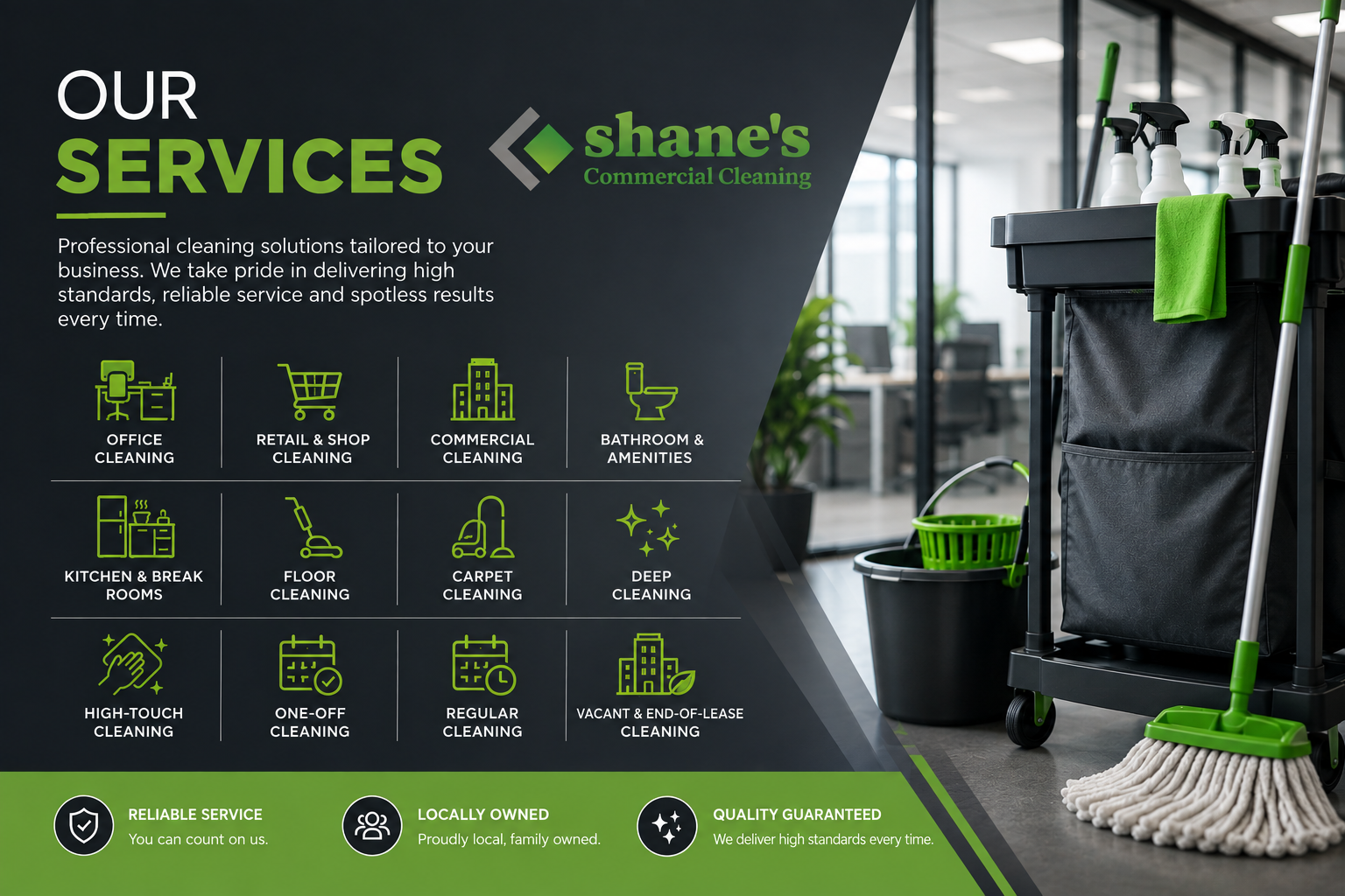 Information board for Shane's Commercial Cleaning services, listing various cleaning services such as office cleaning, retail and shop cleaning, commercial cleaning, bathroom and amenities, kitchen and break rooms, floor cleaning, carpet cleaning, deep cleaning, high-touch cleaning, one-off cleaning, regular cleaning, and vacant and end-of-lease cleaning. The board includes icons for each service. To the right, cleaning supplies and equipment are visible in a bright, modern office environment.