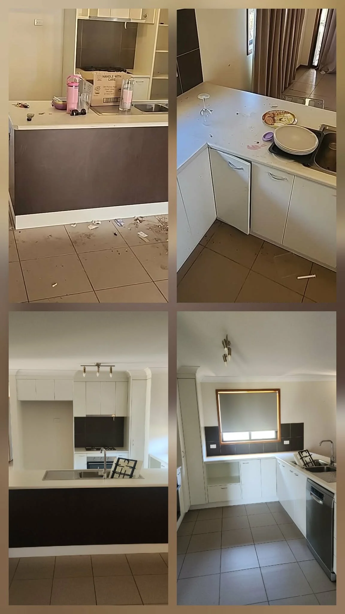 Compilation of four images showing a kitchen before and after cleaning. The top left and right images depict a messy, dirty kitchen with dirty dishes, scattered trash, and stained surfaces. The bottom left and right images show the same kitchen after