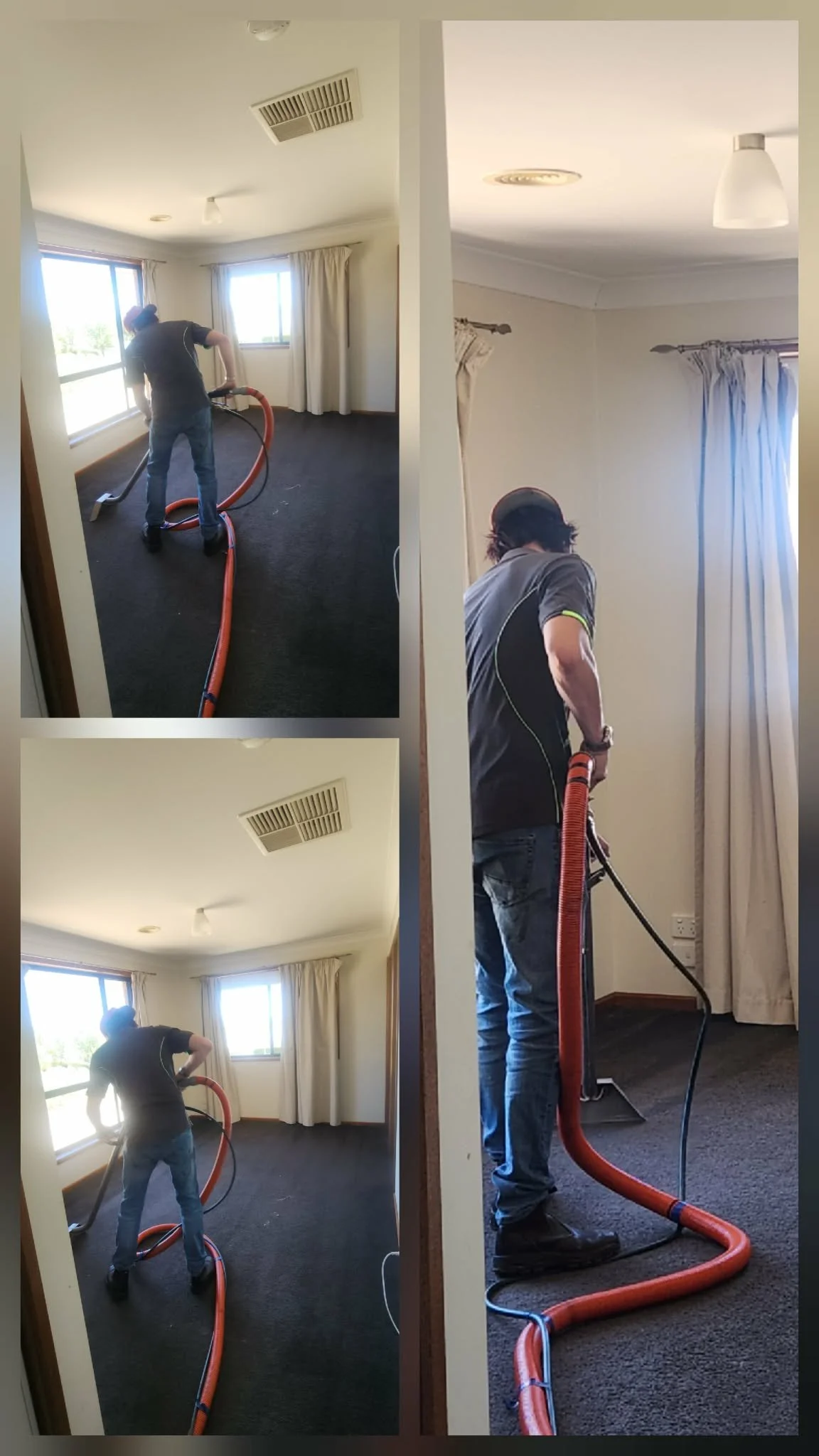 A man cleaning carpet with a professional vacuum cleaner in a room with large windows and curtains.