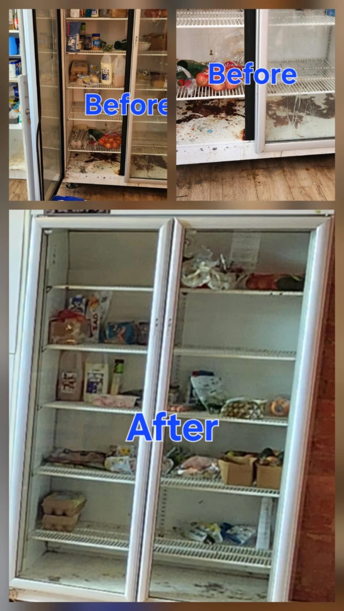 Comparison of a dirty, cluttered refrigerator before cleaning and a clean, organized refrigerator after cleaning.