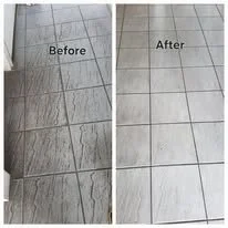 Side-by-side comparison of a tiled floor showing cleaning results, with 'Before' on the left and 'After' on the right.