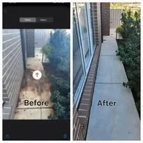 Side-by-side comparison of a narrow backyard before and after cleaning or landscaping, showing overgrown bushes and debris in the 'Before' and a tidy, clear walkway in the 'After'.