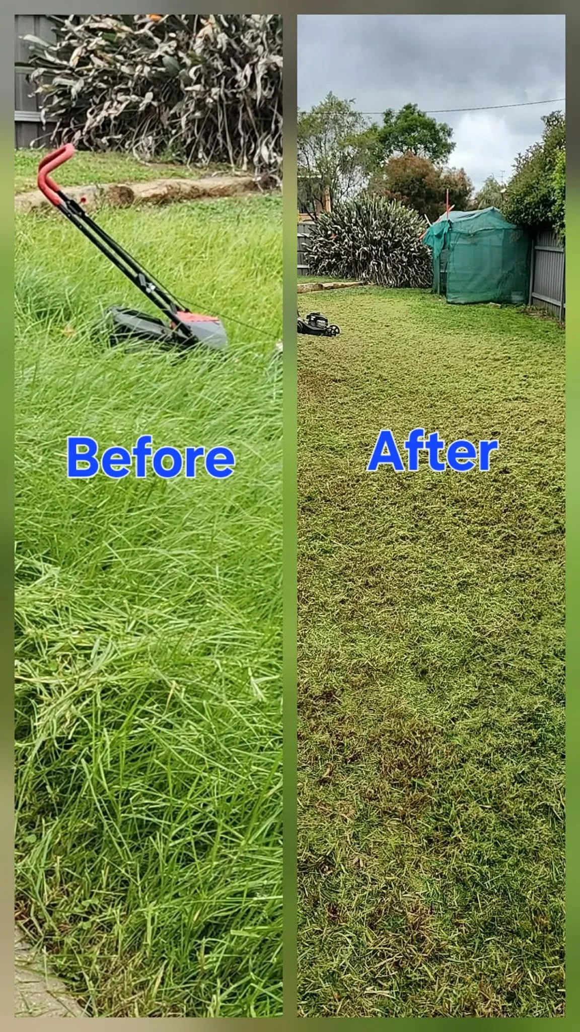 Side-by-side comparison of a yard before and after mowing. The left shows tall overgrown grass, and the right shows a freshly mowed lawn.