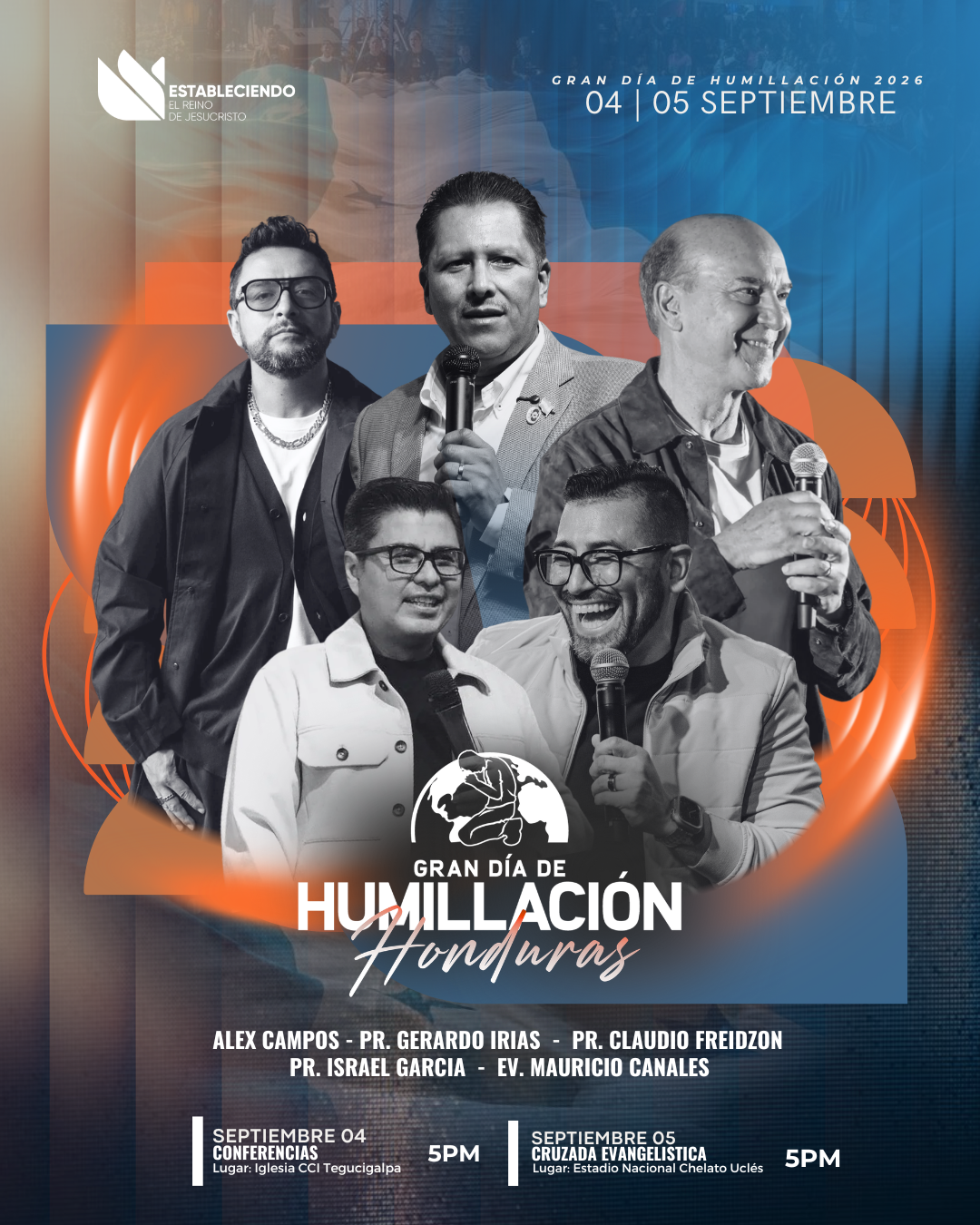 Imagen promocional del Gran Día de Humillación Honduras en 2026, con varias personas hablando con micrófono, eventos programados para el 4 y 5 de septiembre en iglesias y estadio en Honduras.