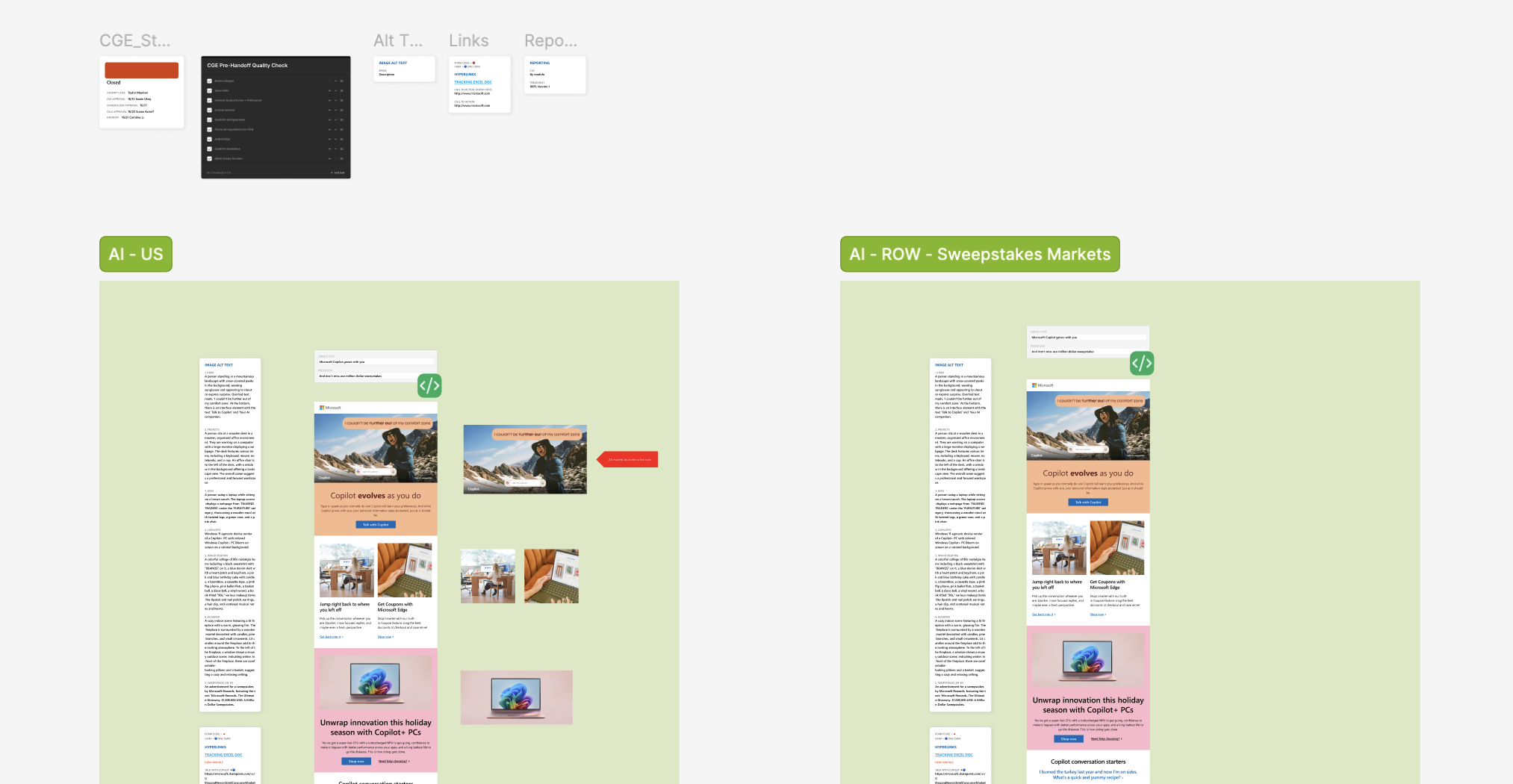 Figma handoff file: status card, pre-handoff QA checklist, alt text, links and reporting notes above the AI US and AI rest-of-world sweepstakes versions of a newsletter