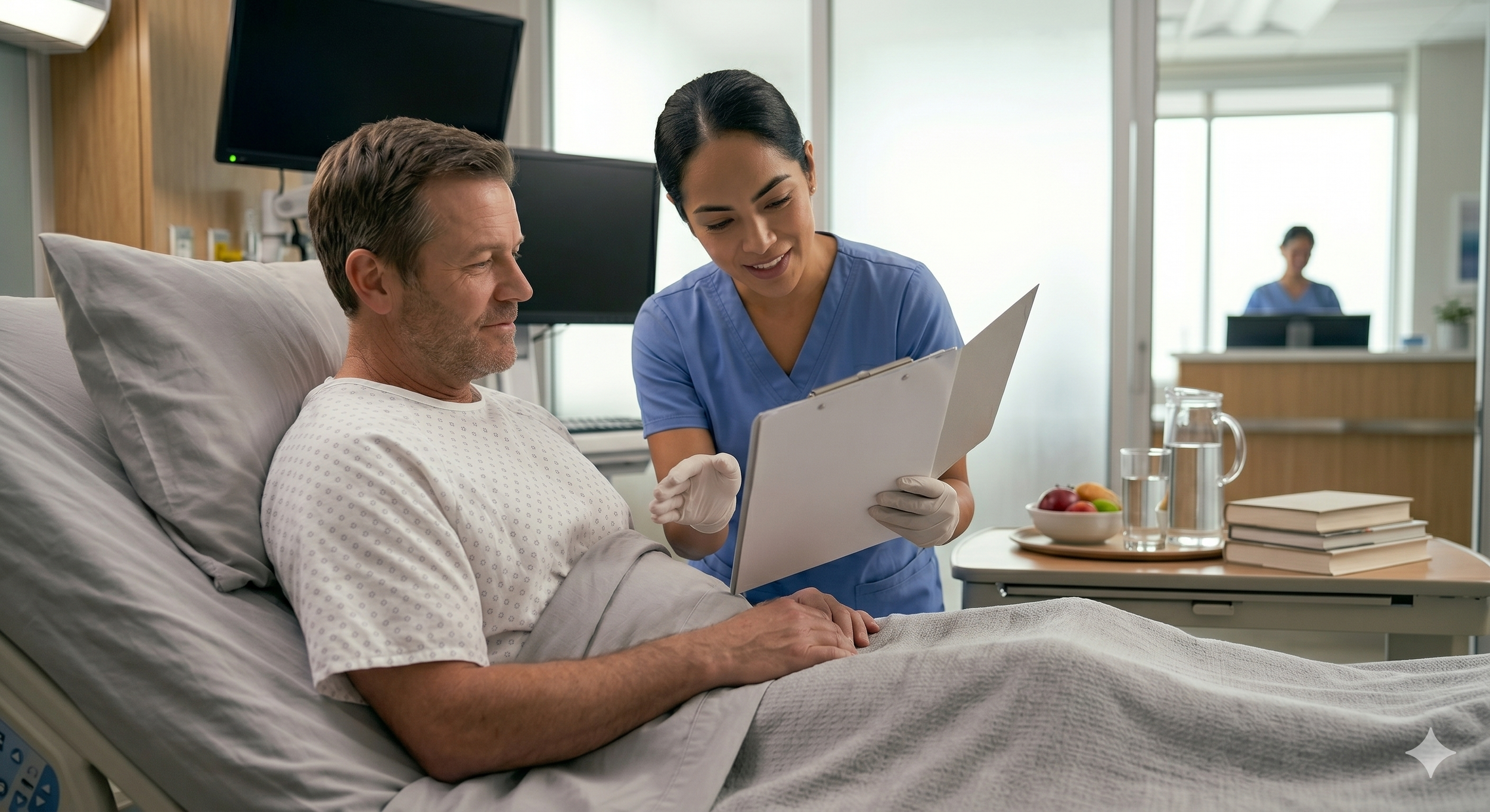 A healthcare professional in blue scrubs and gloves showing a clipboard with information to a male patient in a hospital bed. The patient is wearing a hospital gown, lying in bed, and looking at the clipboard. There is a table with water glasses, a bowl of fruit, and books nearby, and a nurse is visible in the background.