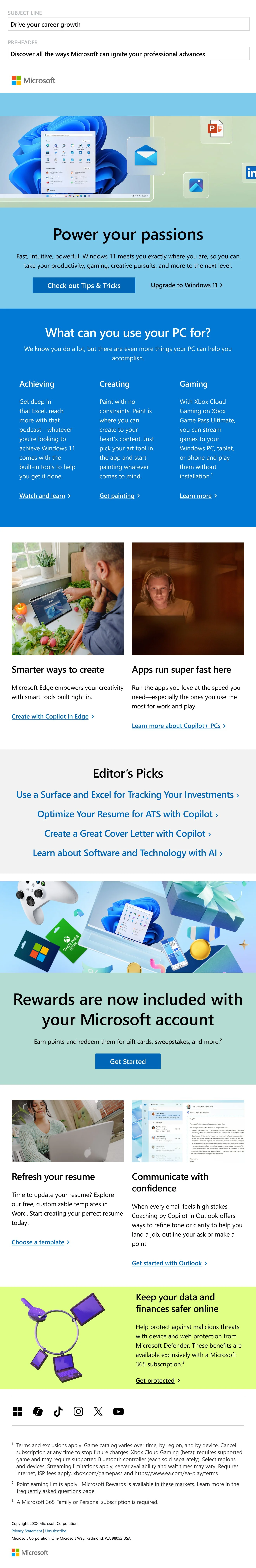 Microsoft newsletter: Power your passions with Windows 11, plus Editor's Picks, Rewards, Word, Outlook and Defender features