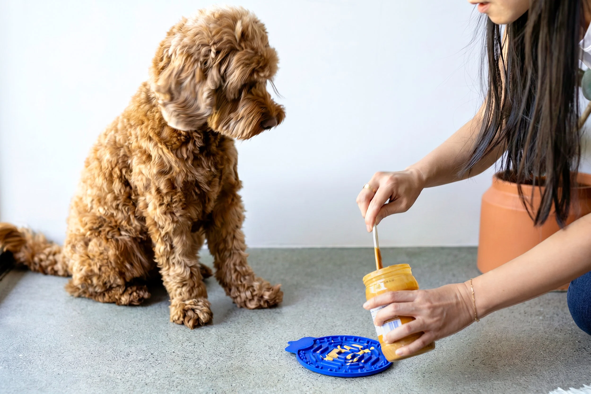 A woman giving her dog a treat from a jar of peanut butter.