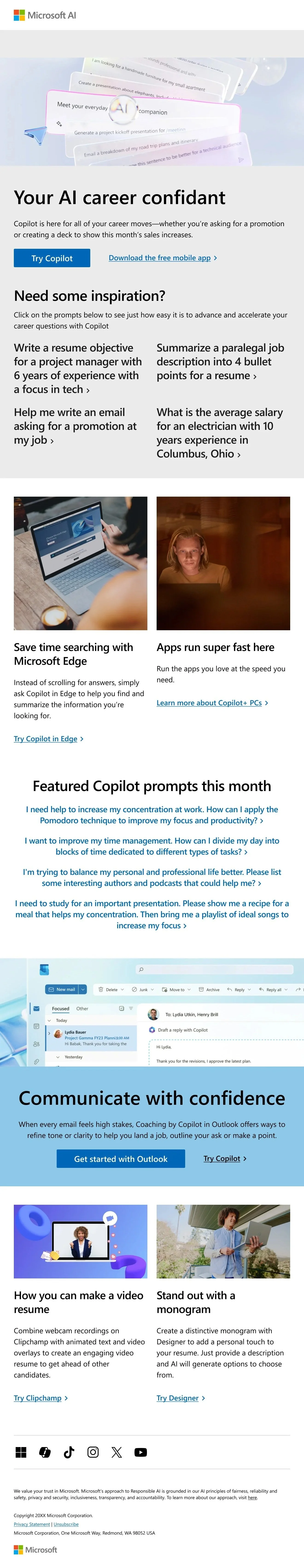 Microsoft AI newsletter: Your AI career confidant, with Copilot prompt ideas and features for Edge, Outlook, Clipchamp and Designer