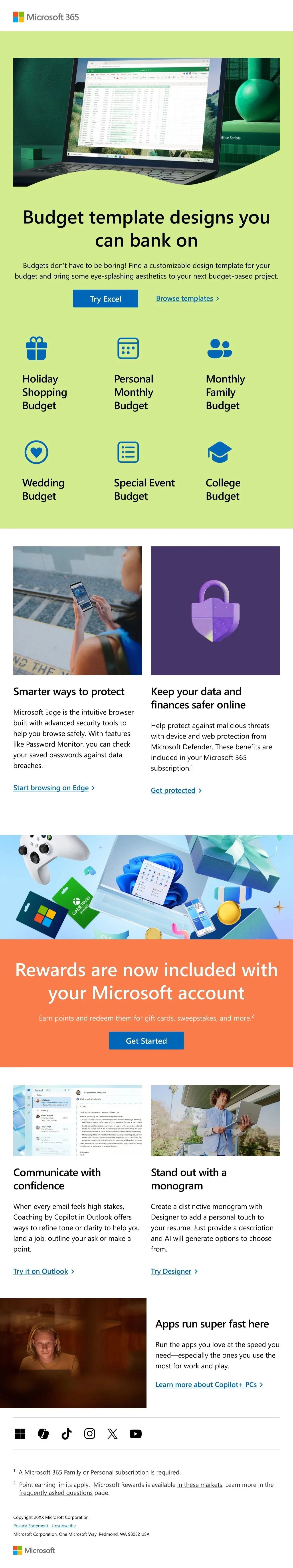 Microsoft 365 newsletter: Budget template designs you can bank on, with Excel budget templates, Defender, Rewards and Outlook features