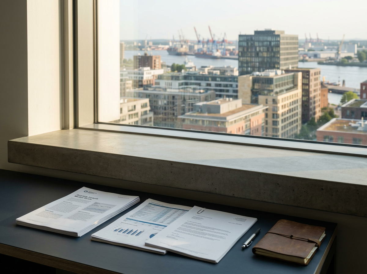 Office desk with business valuation reports, a pen, and a brown notebook, next to a large window showing a city skyline with buildings and cranes over a body of water