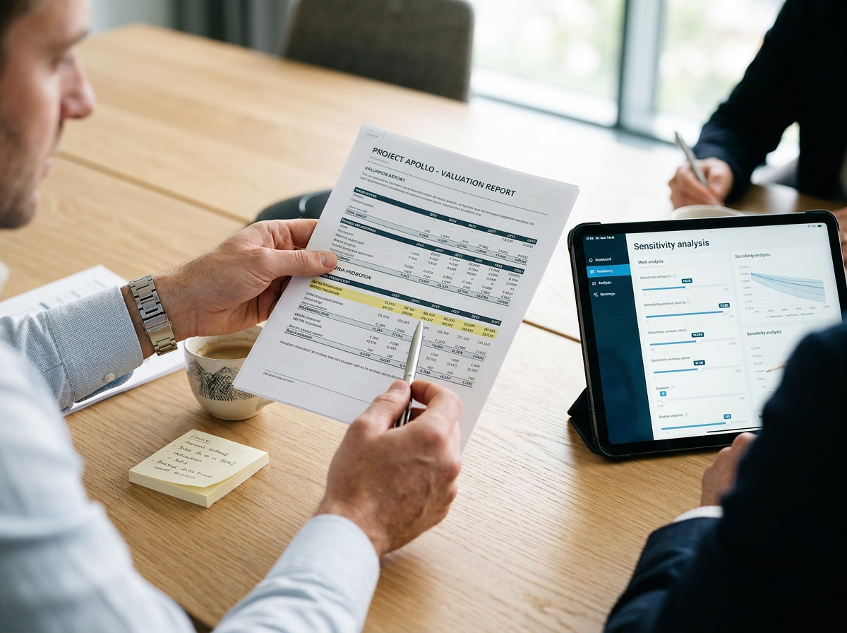 Two professionals reviewing a business valuation report on a tablet during a meeting.