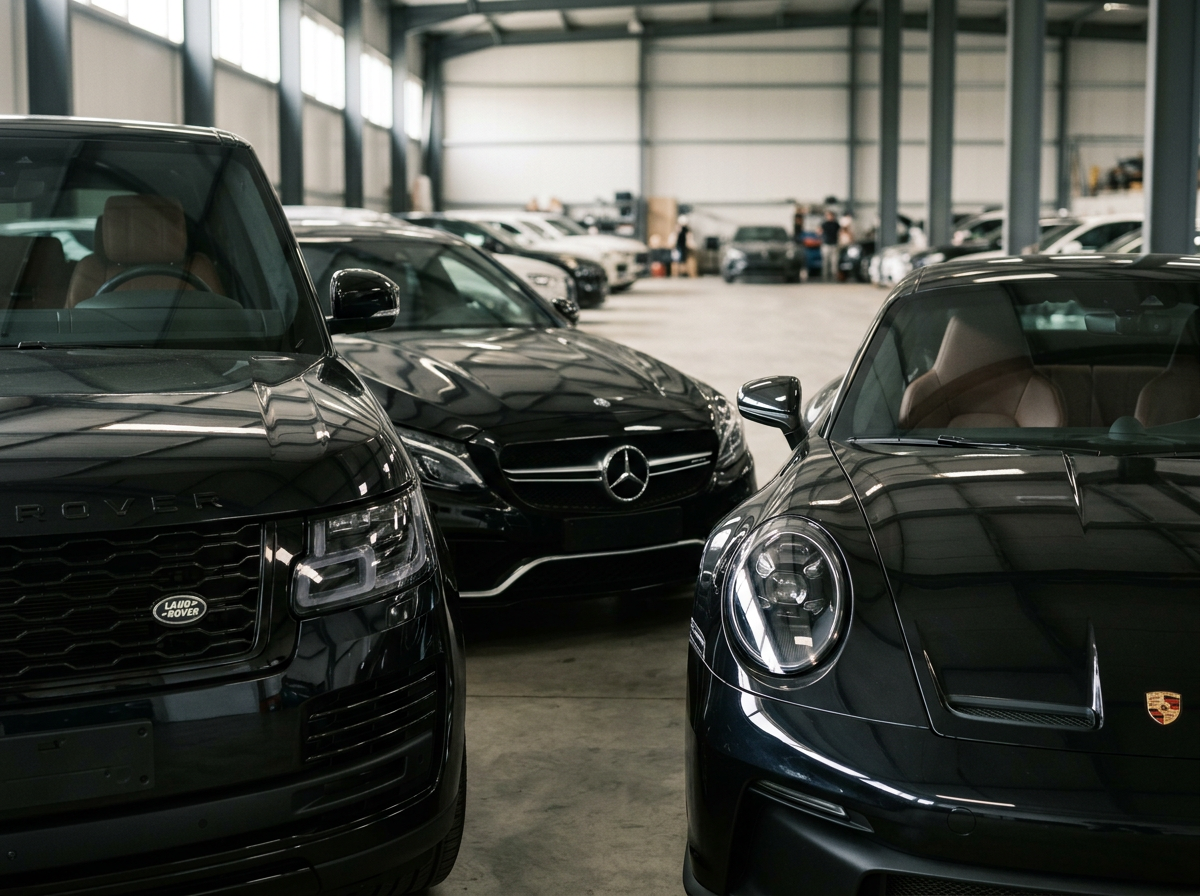 Multiple luxury cars parked inside a spacious warehouse or showroom, including a Land Rover, a Mercedes-Benz, and a Porsche.