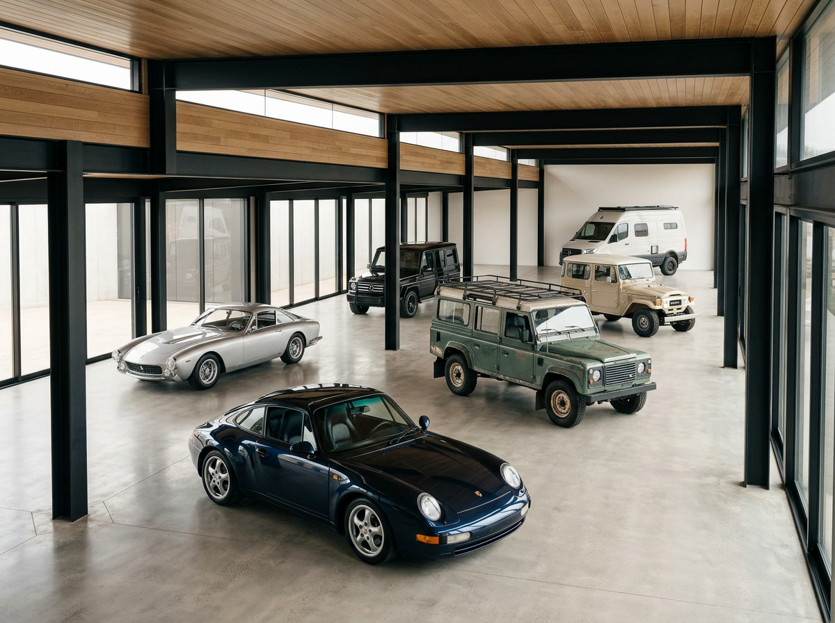 Collection of vintage and modern cars in a spacious, well-lit showroom with large glass windows, including a blue Porsche, a silver classic car, a black Mercedes SUV, a tan vintage off-road vehicle, a green rugged SUV, a white van, and a modern white camper van.