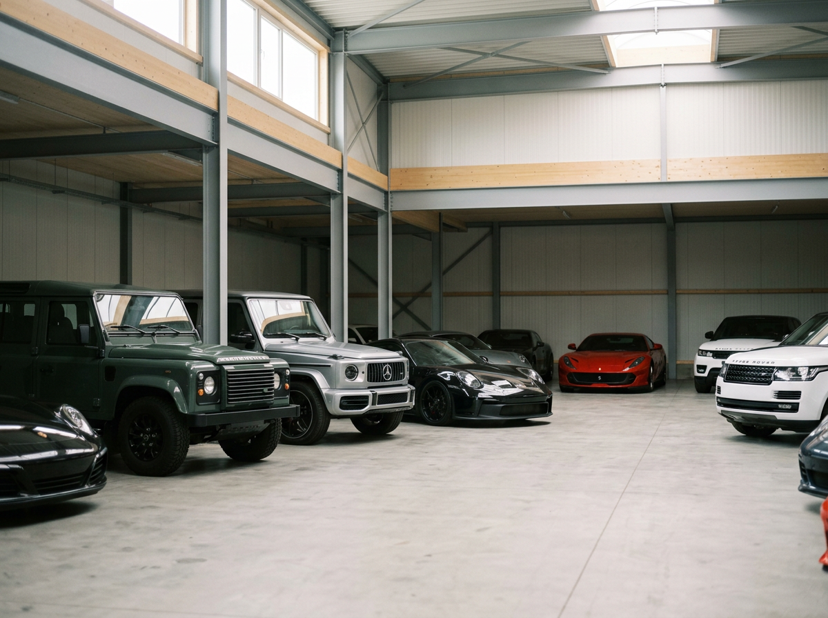 Interior of a showroom with luxury and exotic cars parked inside, including a Land Rover, Mercedes-Benz G-Wagon, Ferrari, Range Rover, and others.