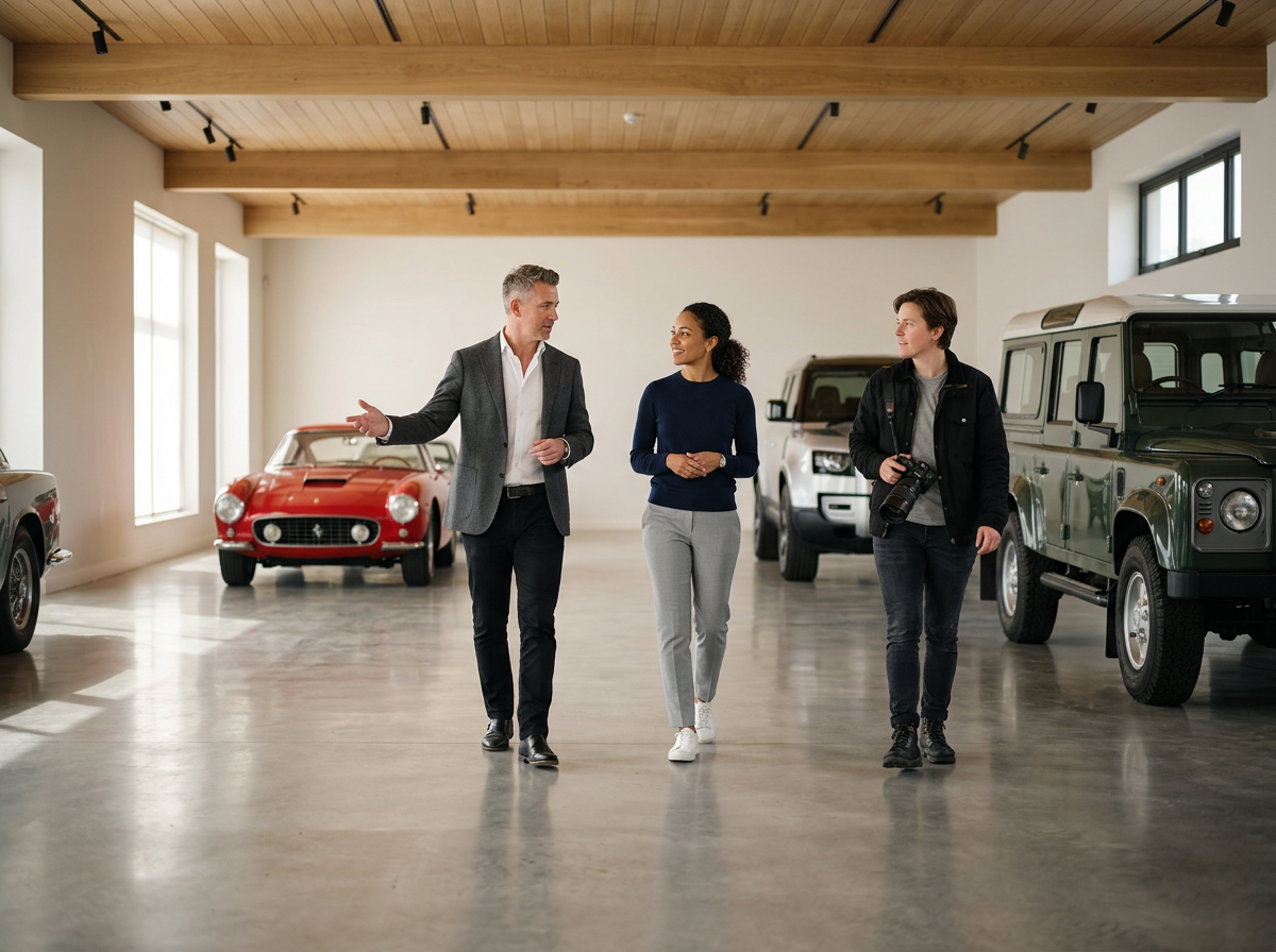 Three people walking and talking inside a luxury vehicle storage facility or showroom with vintage and luxury cars on display.