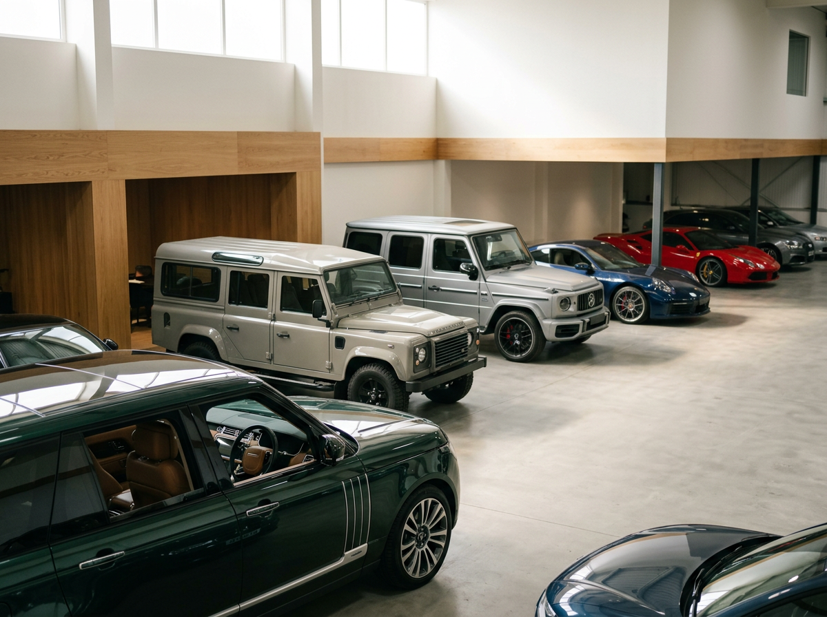 Interior of a luxury car dealership or showroom with multiple high-end cars, including a Land Rover Defender, Mercedes-Benz G-Class, and several sports cars like Porsche and Ferrari, in a well-lit, spacious setting.