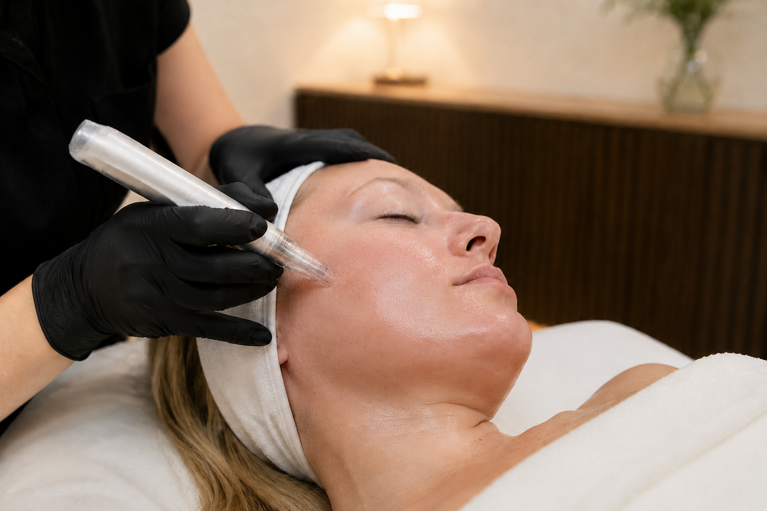 A woman receives a facial treatment with a skincare tool in a spa or clinic setting.