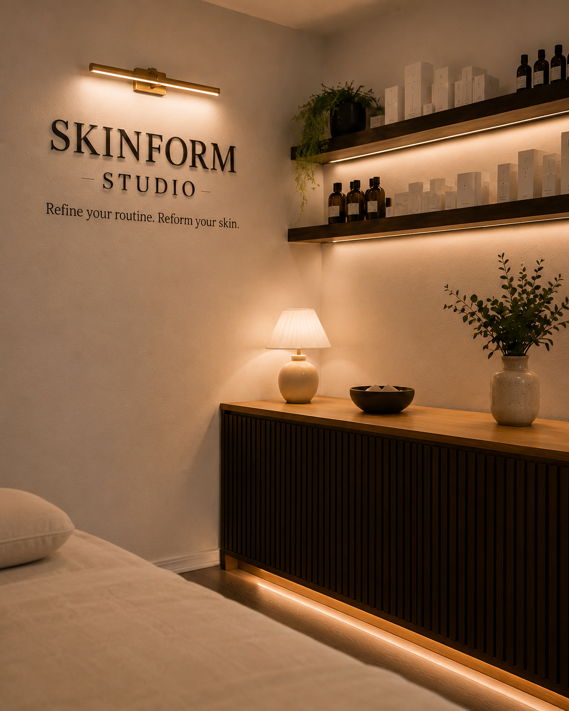 Interior view of a skincare studio with shelves holding skincare products, a wall-mounted light, a bedside table with a lamp, and decorative plants.