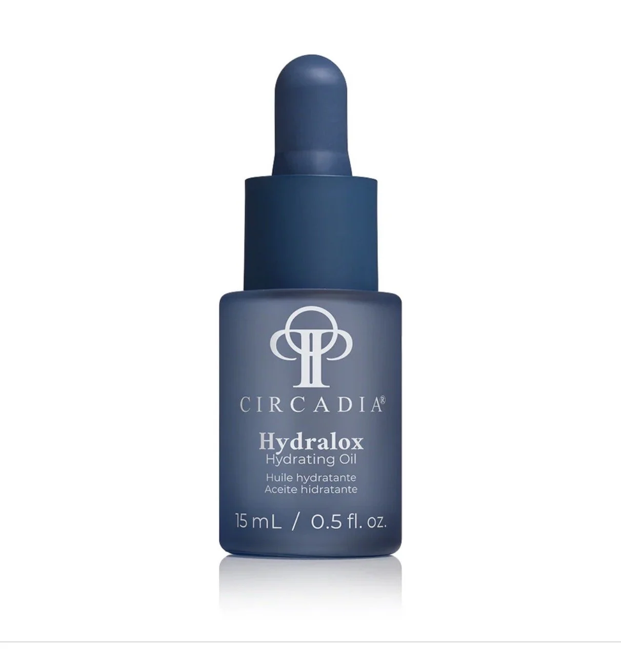 A bottle of Circadia Hydralox Hydrating Oil with a dark blue label and dropper cap on a white background.