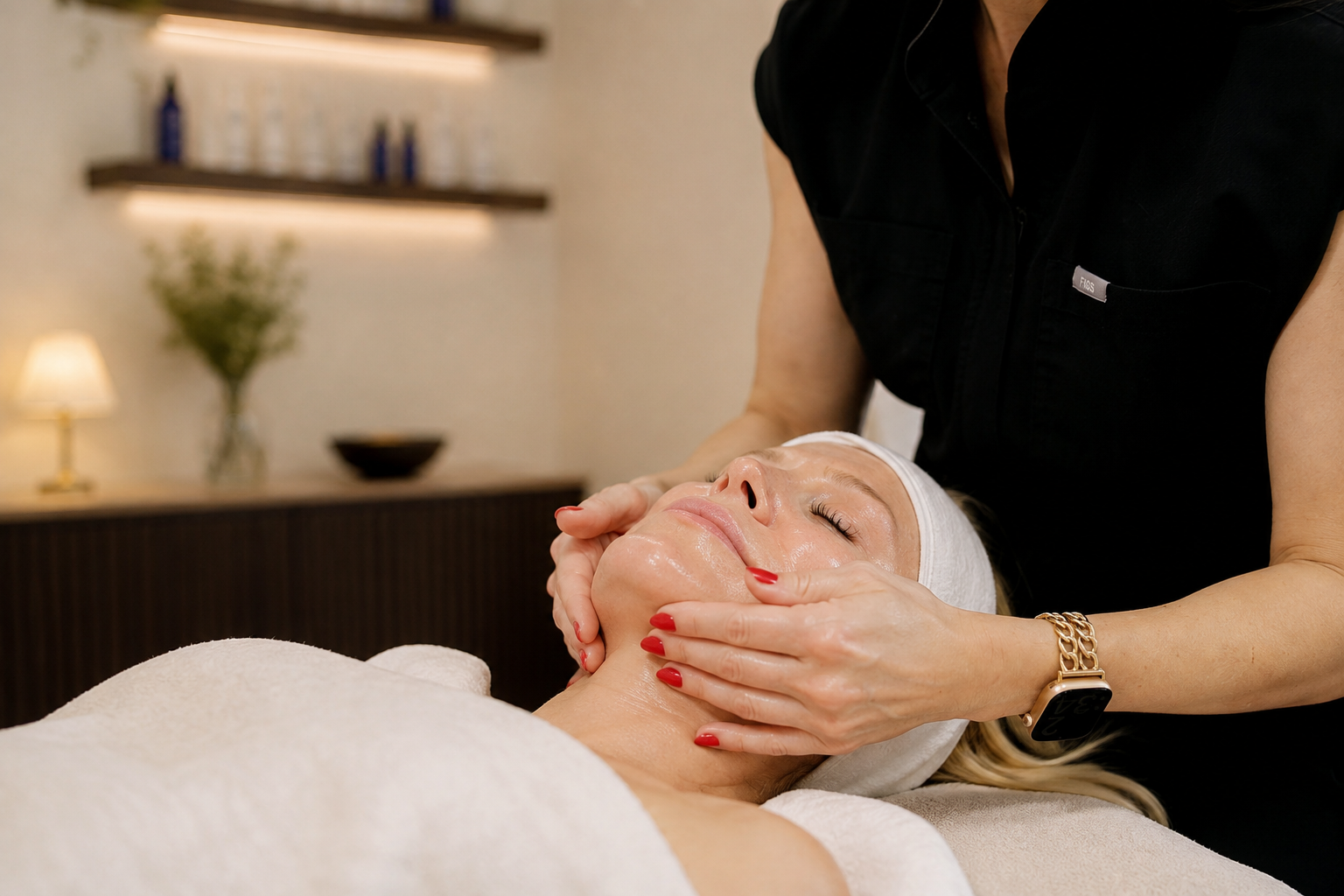 A woman receiving a facial massage in a spa or skincare clinic, lying on a treatment bed with her eyes closed, wearing a white headband, while a skincare professional gently massages her face.
