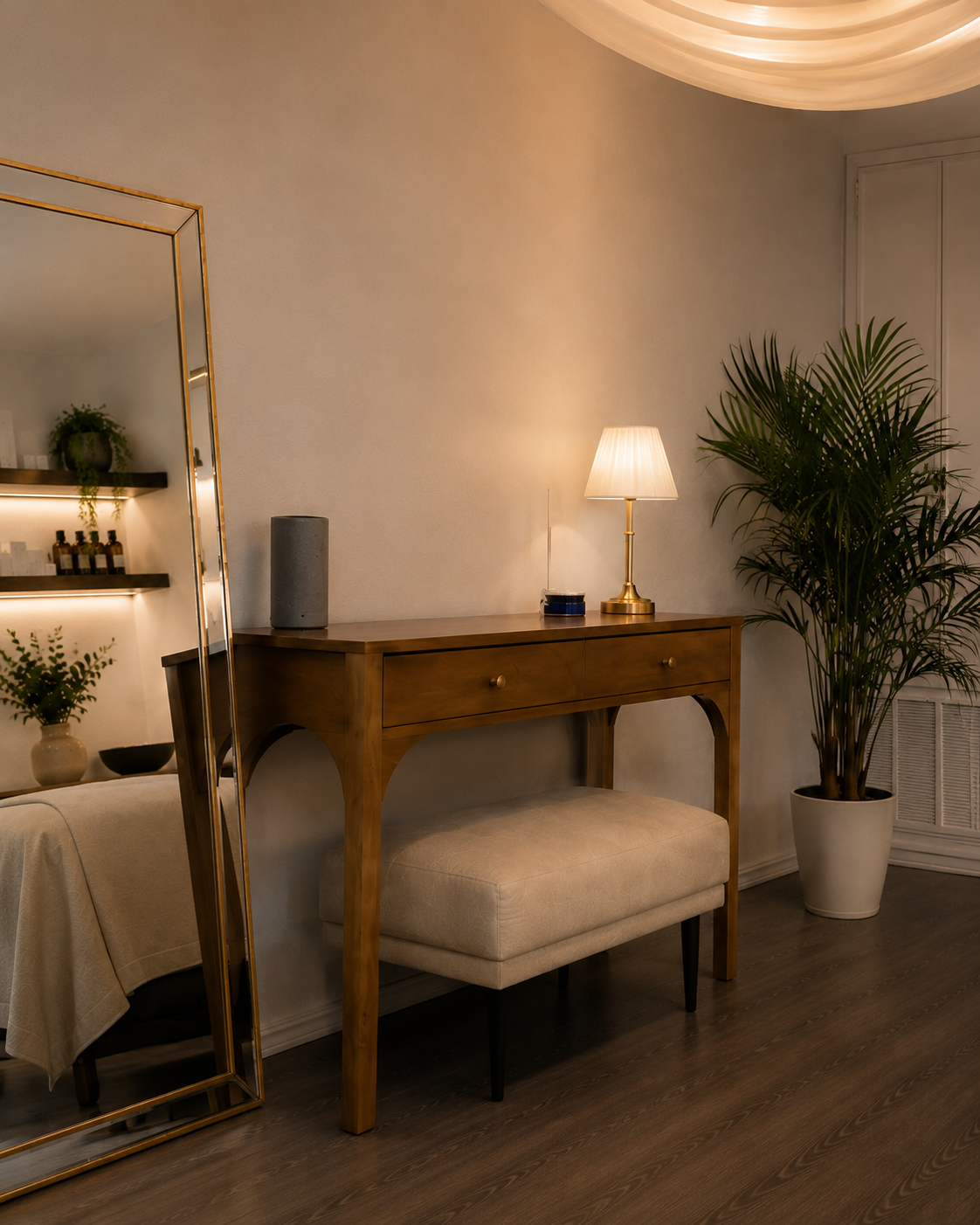 A living room corner with a wooden console table, table lamp, large potted plant, and a reflection of a shelf with bottles and plants in a mirror.