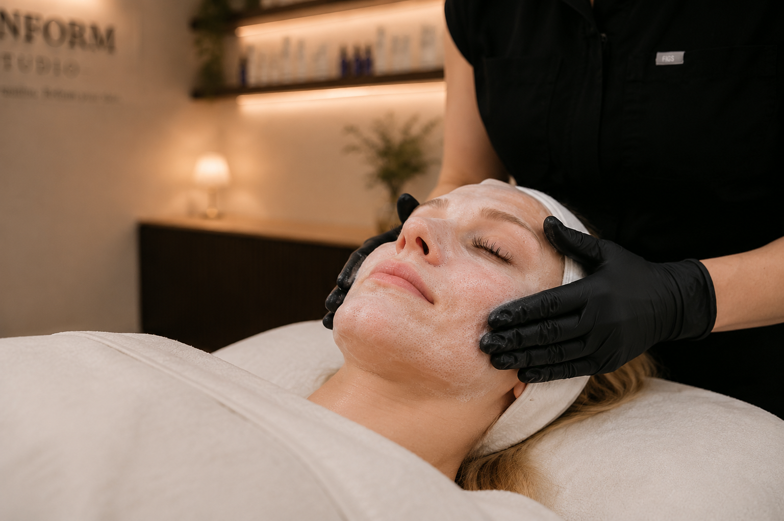 A woman receiving a facial treatment in a spa or skincare clinic with foam applied on her face, lying on a treatment bed with a towel wrapped around her head.