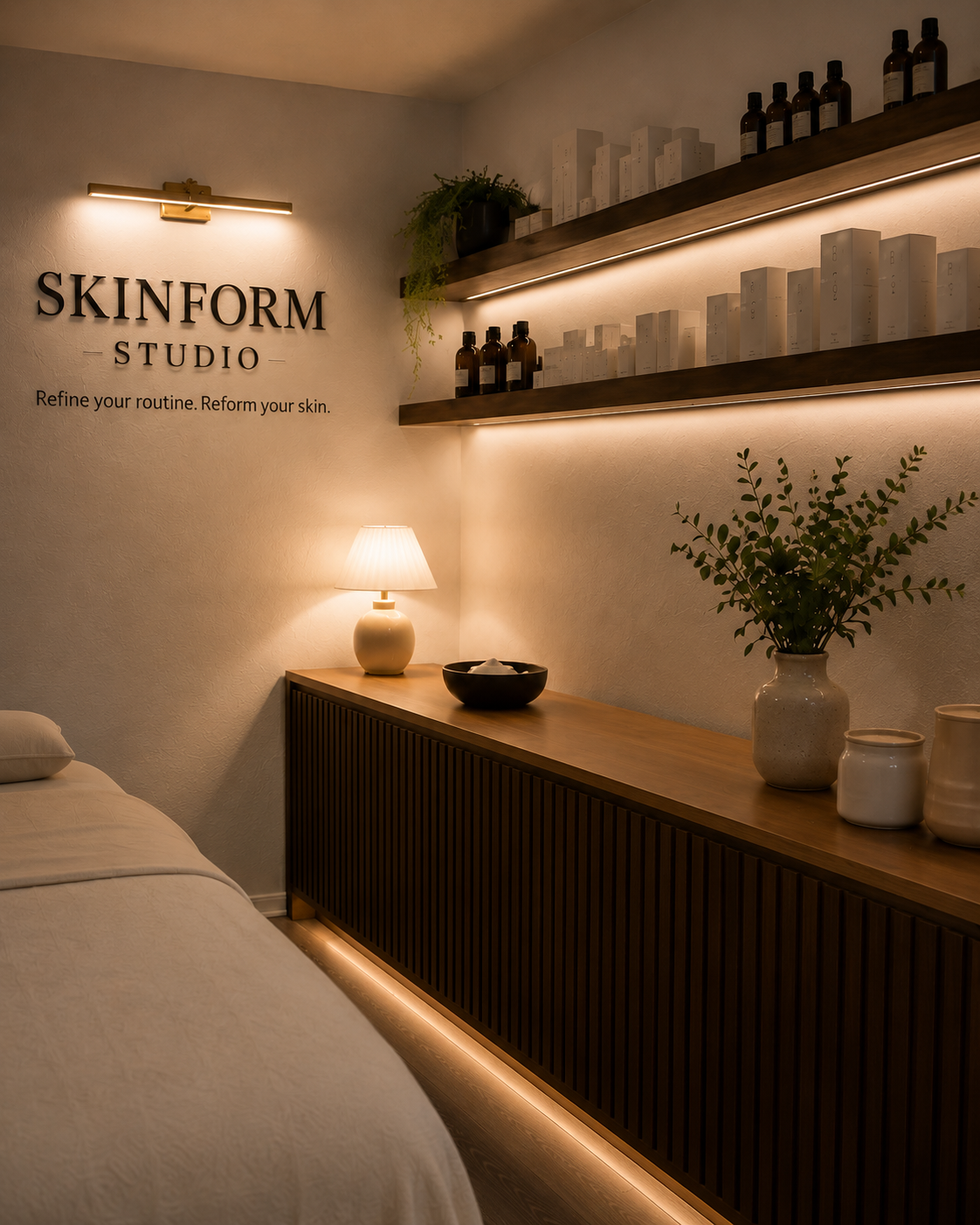 Interior of a Skinform Studio, with a bed on the left, a wooden cabinet with a lamp and decorative vases, and two wooden shelves with bottles and boxes, soft lighting and a calm atmosphere.