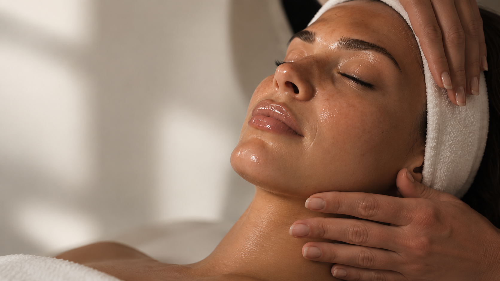 A woman receiving a facial massage at a spa, lying down with a white headband, her eyes closed, and a gentle smile.
