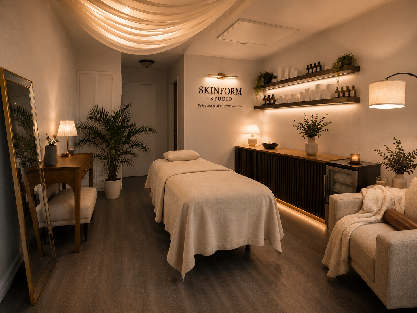A massage room at SkinForm Studio with a massage table, soft lighting, potted plants, and shelves with skincare products.