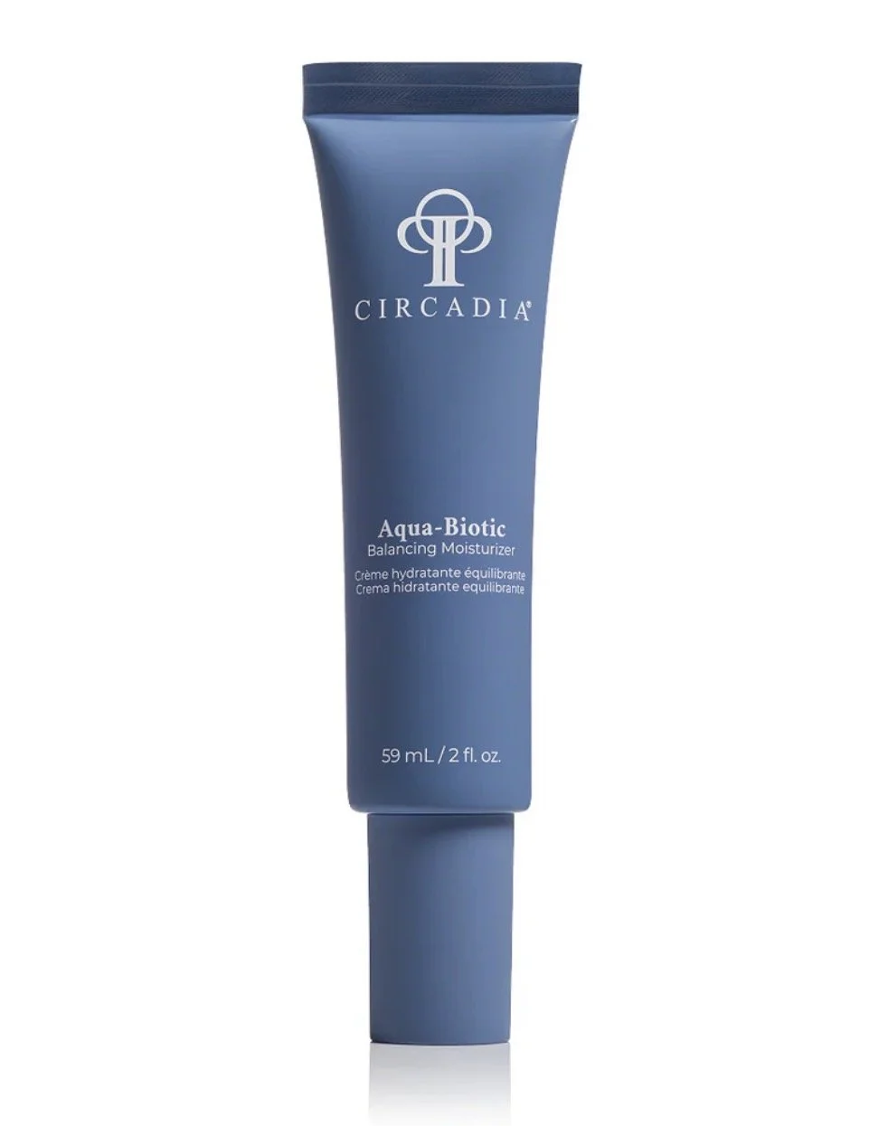 Blue tube of Circadia Aqua-Biotc Balancing Moisturizer with white text and logo on the front.