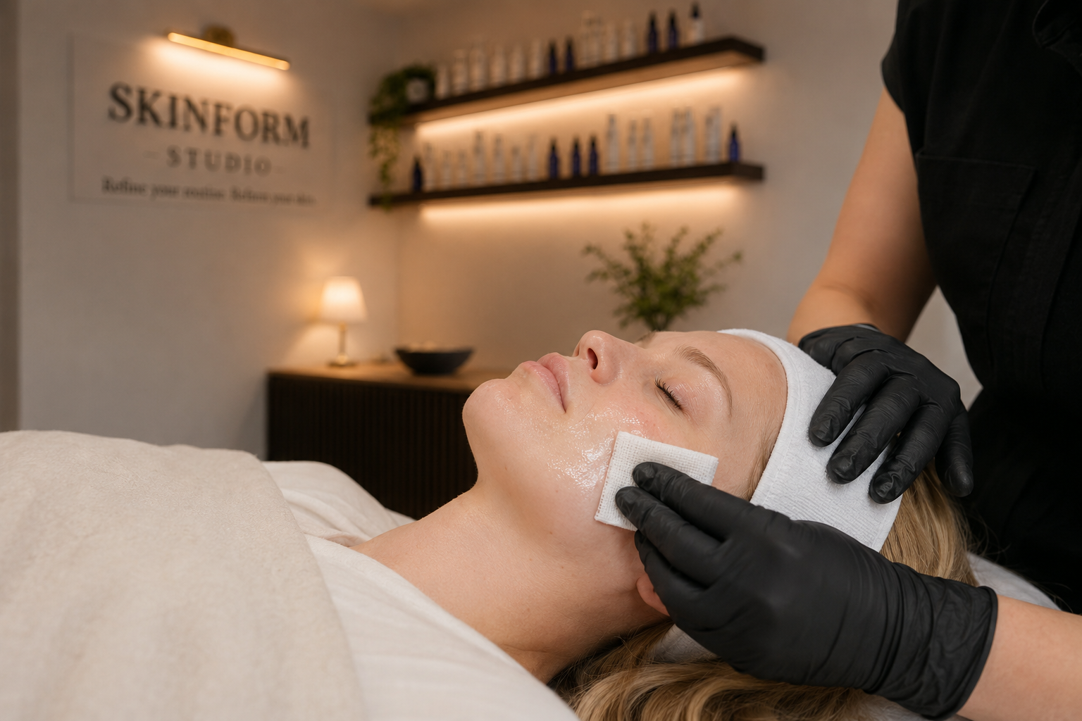 A woman receiving a facial treatment at a spa, lying on a bed with a towel wrapped around her head, as a professional wearing black gloves applies a skincare product with a cotton pad in a relaxing room.